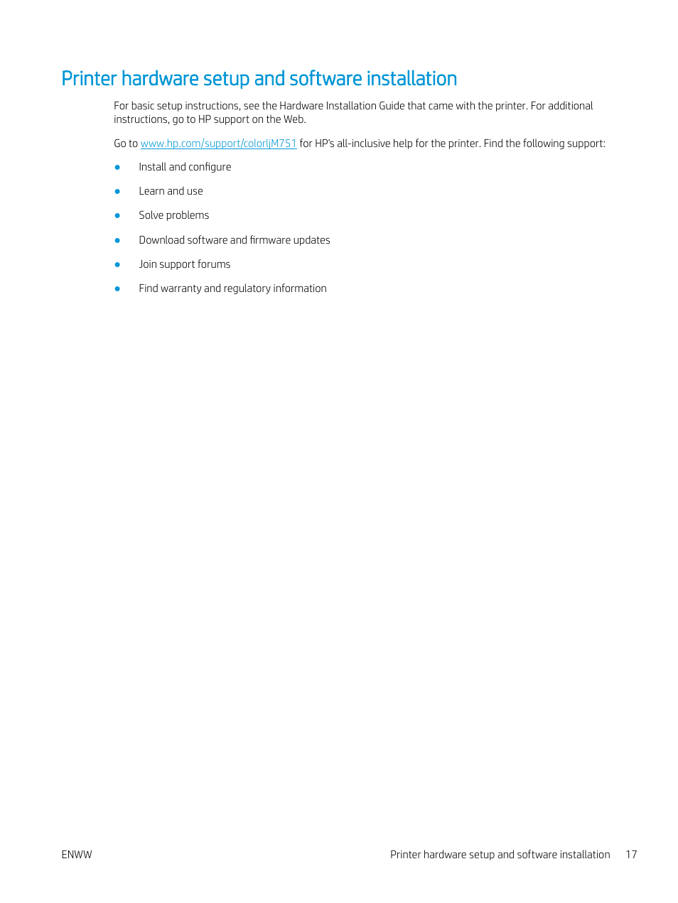 Printer hardware setup and software installation | HP Color LaserJet Enterprise M751n Laser Printer User Manual | Page 27 / 190