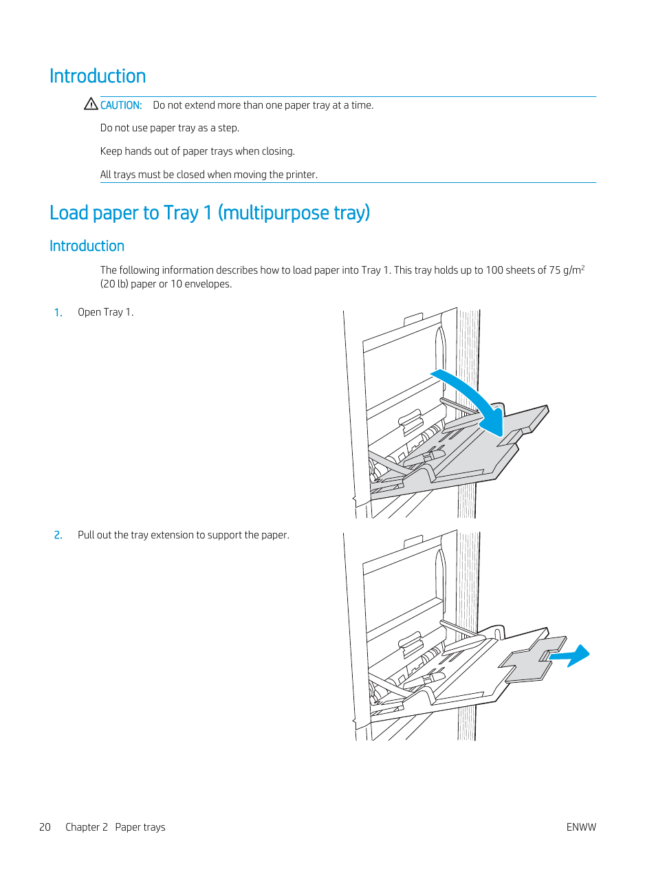 Introduction, Load paper to tray 1 (multipurpose tray) | HP Color LaserJet Enterprise M751n Laser Printer User Manual | Page 30 / 190