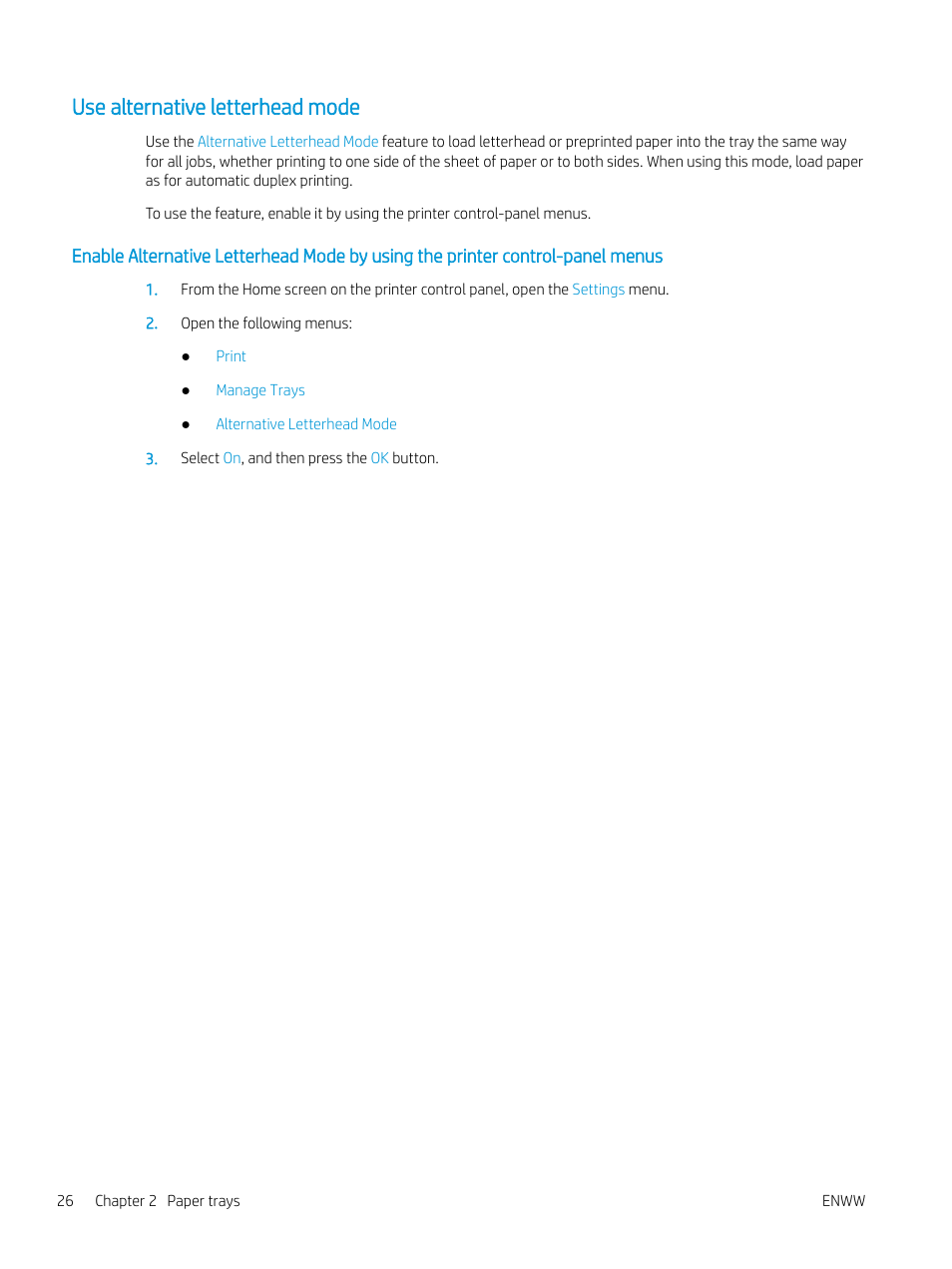 Use alternative letterhead mode | HP Color LaserJet Enterprise M751n Laser Printer User Manual | Page 36 / 190