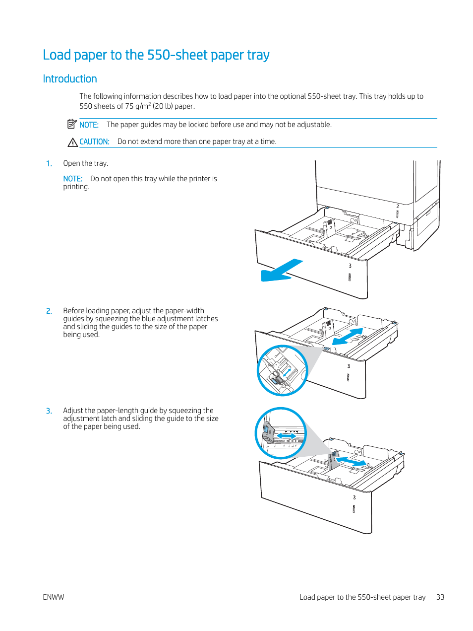 Load paper to the 550-sheet paper tray, Introduction | HP Color LaserJet Enterprise M751n Laser Printer User Manual | Page 43 / 190