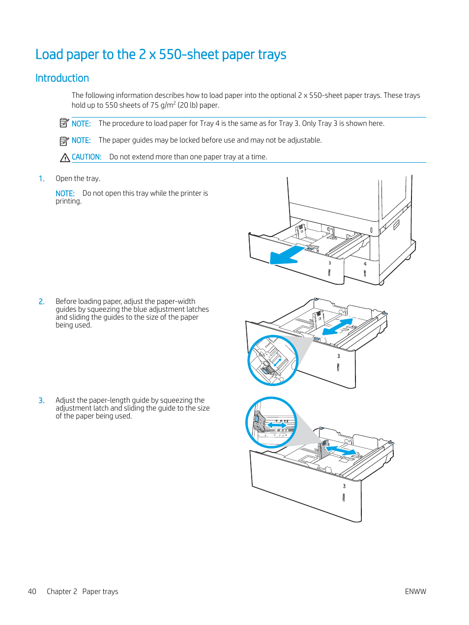 Load paper to the 2 x 550-sheet paper trays, Introduction | HP Color LaserJet Enterprise M751n Laser Printer User Manual | Page 50 / 190