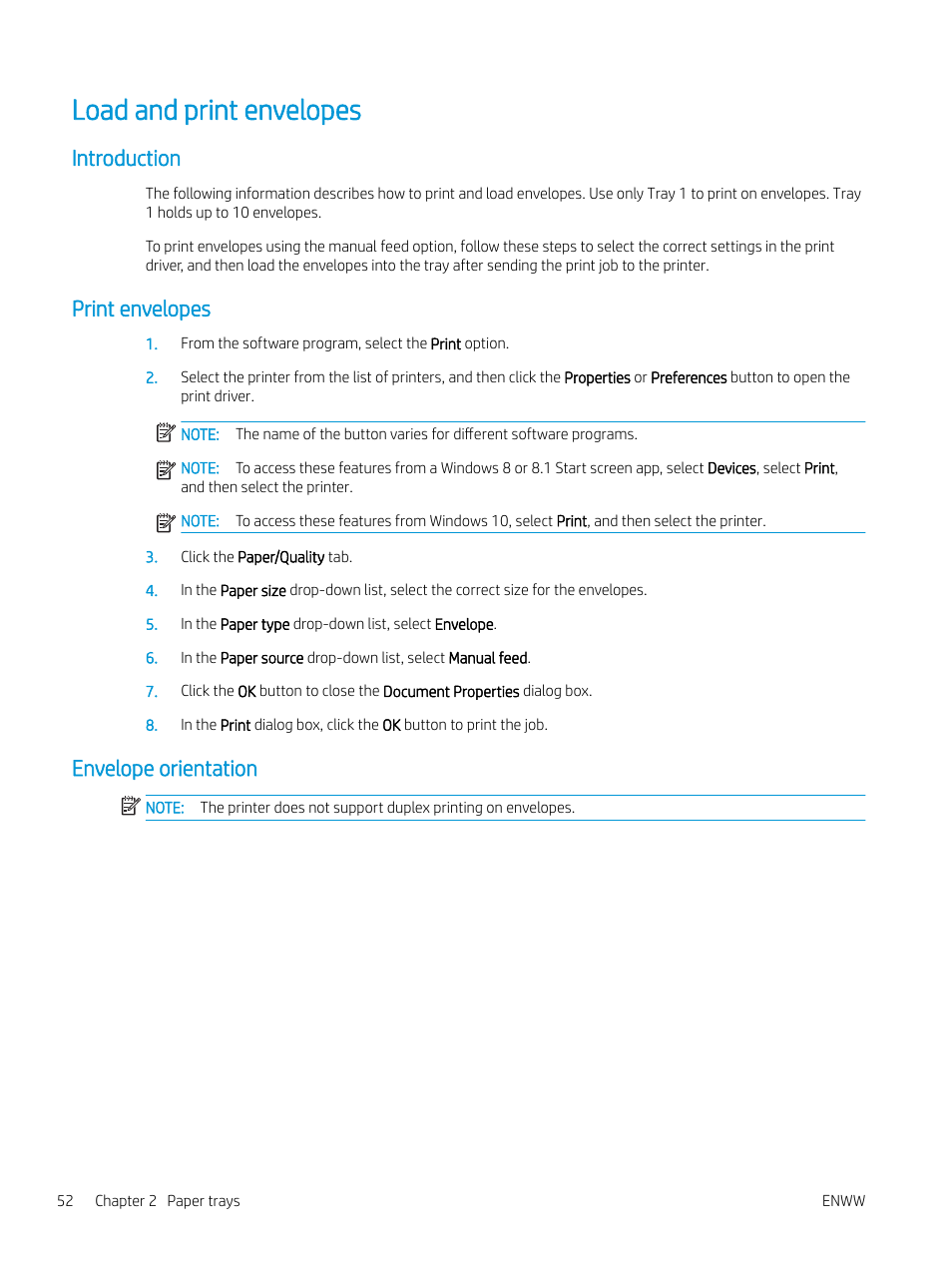 Load and print envelopes, Introduction, Print envelopes | Envelope orientation, Introduction print envelopes envelope orientation | HP Color LaserJet Enterprise M751n Laser Printer User Manual | Page 62 / 190