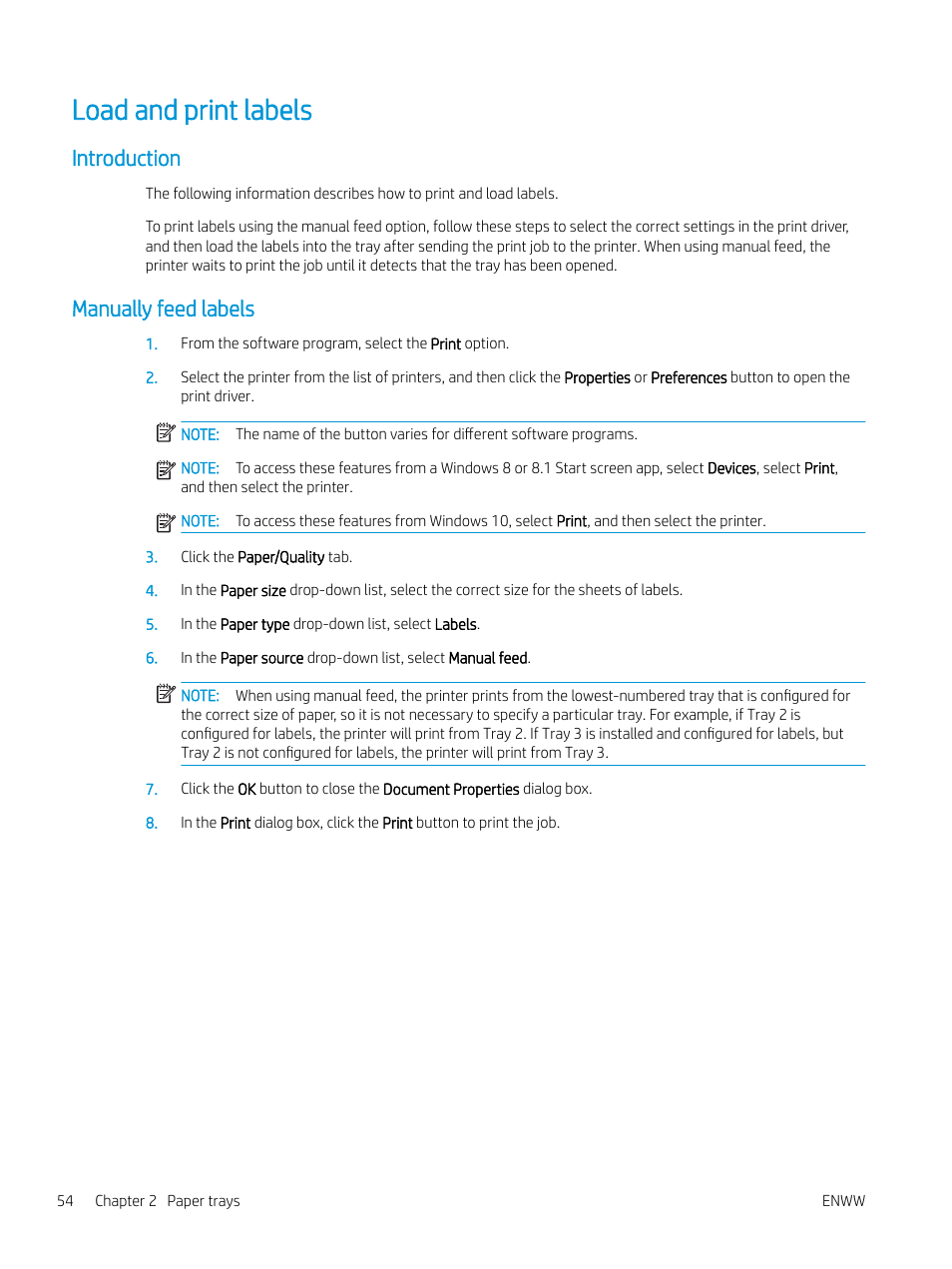 Load and print labels, Introduction, Manually feed labels | Introduction manually feed labels | HP Color LaserJet Enterprise M751n Laser Printer User Manual | Page 64 / 190