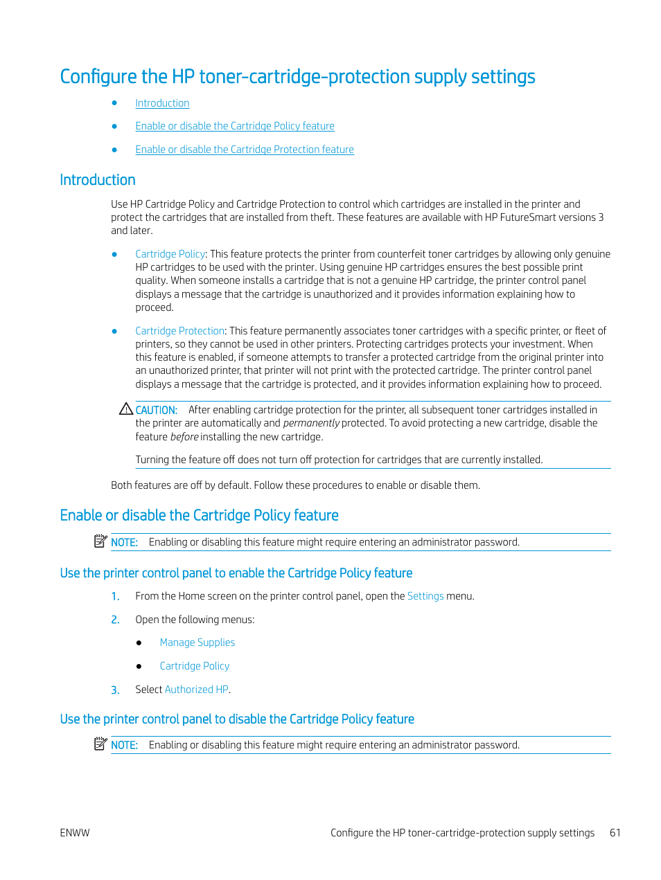 Introduction, Enable or disable the cartridge policy feature | HP Color LaserJet Enterprise M751n Laser Printer User Manual | Page 71 / 190