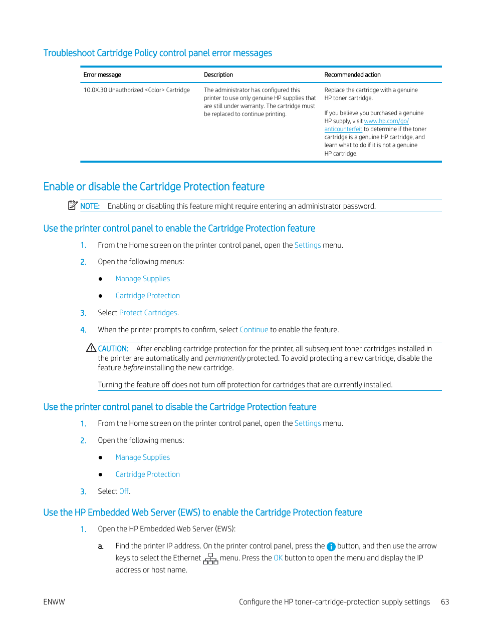 Enable or disable the cartridge protection feature | HP Color LaserJet Enterprise M751n Laser Printer User Manual | Page 73 / 190