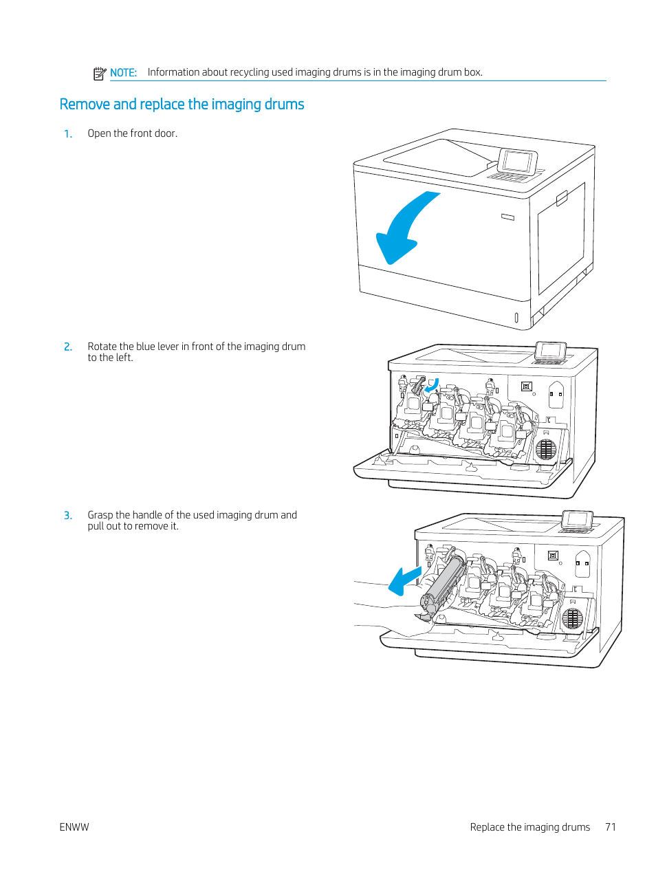 Remove and replace the imaging drums | HP Color LaserJet Enterprise M751n Laser Printer User Manual | Page 81 / 190