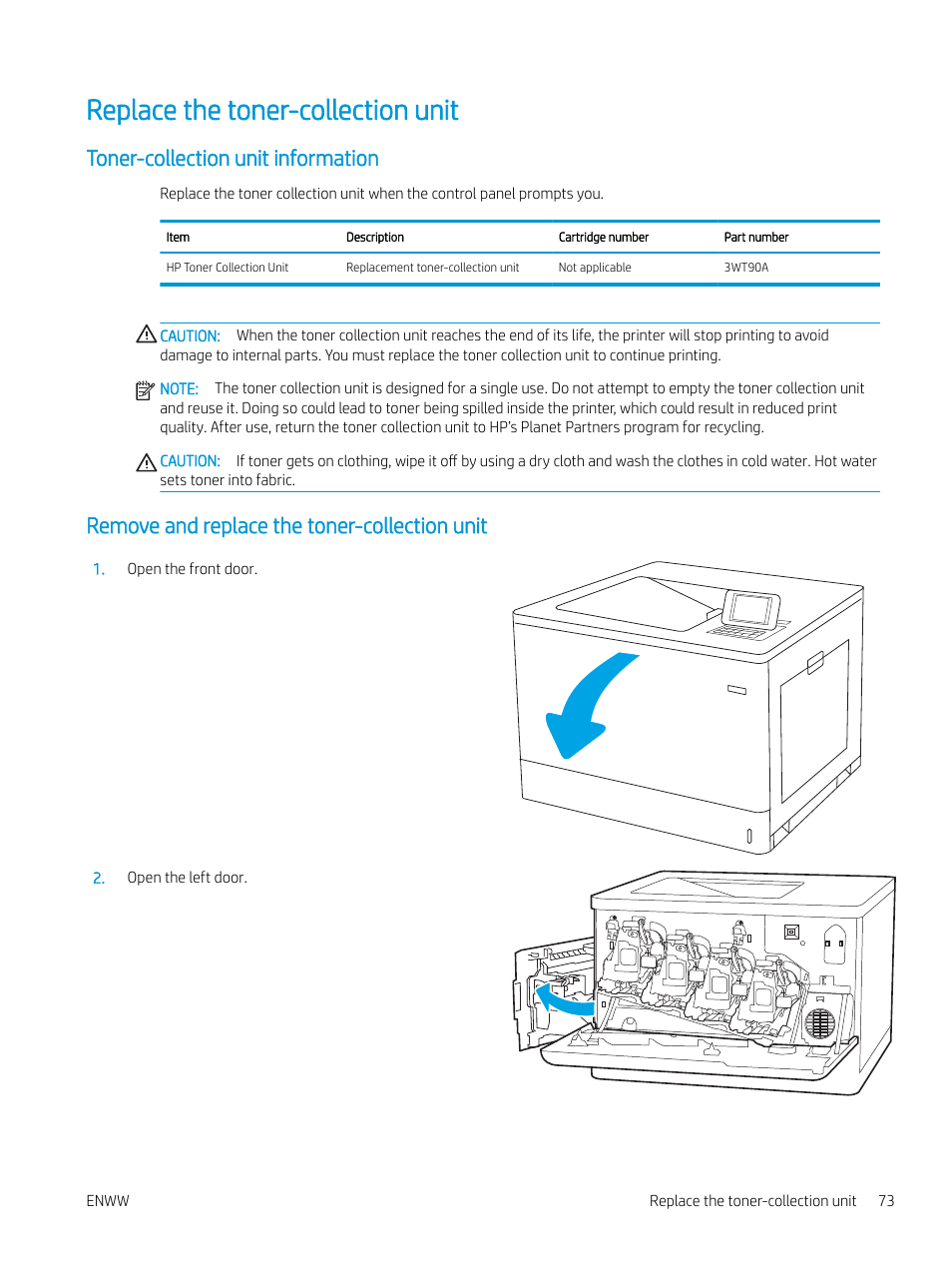 Replace the toner-collection unit, Toner-collection unit information, Remove and replace the toner-collection unit | HP Color LaserJet Enterprise M751n Laser Printer User Manual | Page 83 / 190