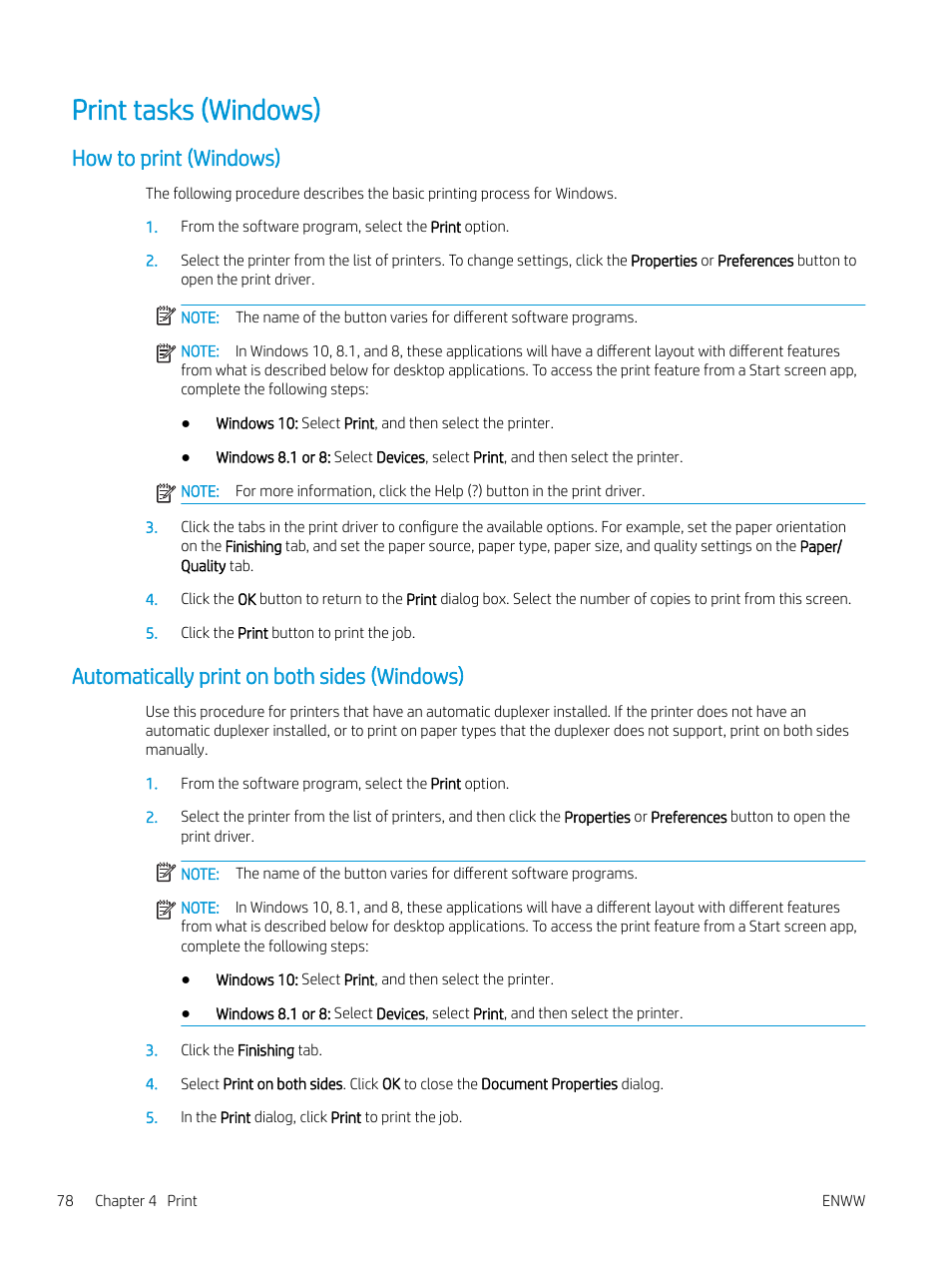 Print tasks (windows), How to print (windows), Automatically print on both sides (windows) | HP Color LaserJet Enterprise M751n Laser Printer User Manual | Page 88 / 190