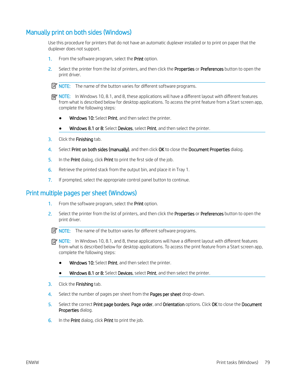 Manually print on both sides (windows), Print multiple pages per sheet (windows) | HP Color LaserJet Enterprise M751n Laser Printer User Manual | Page 89 / 190