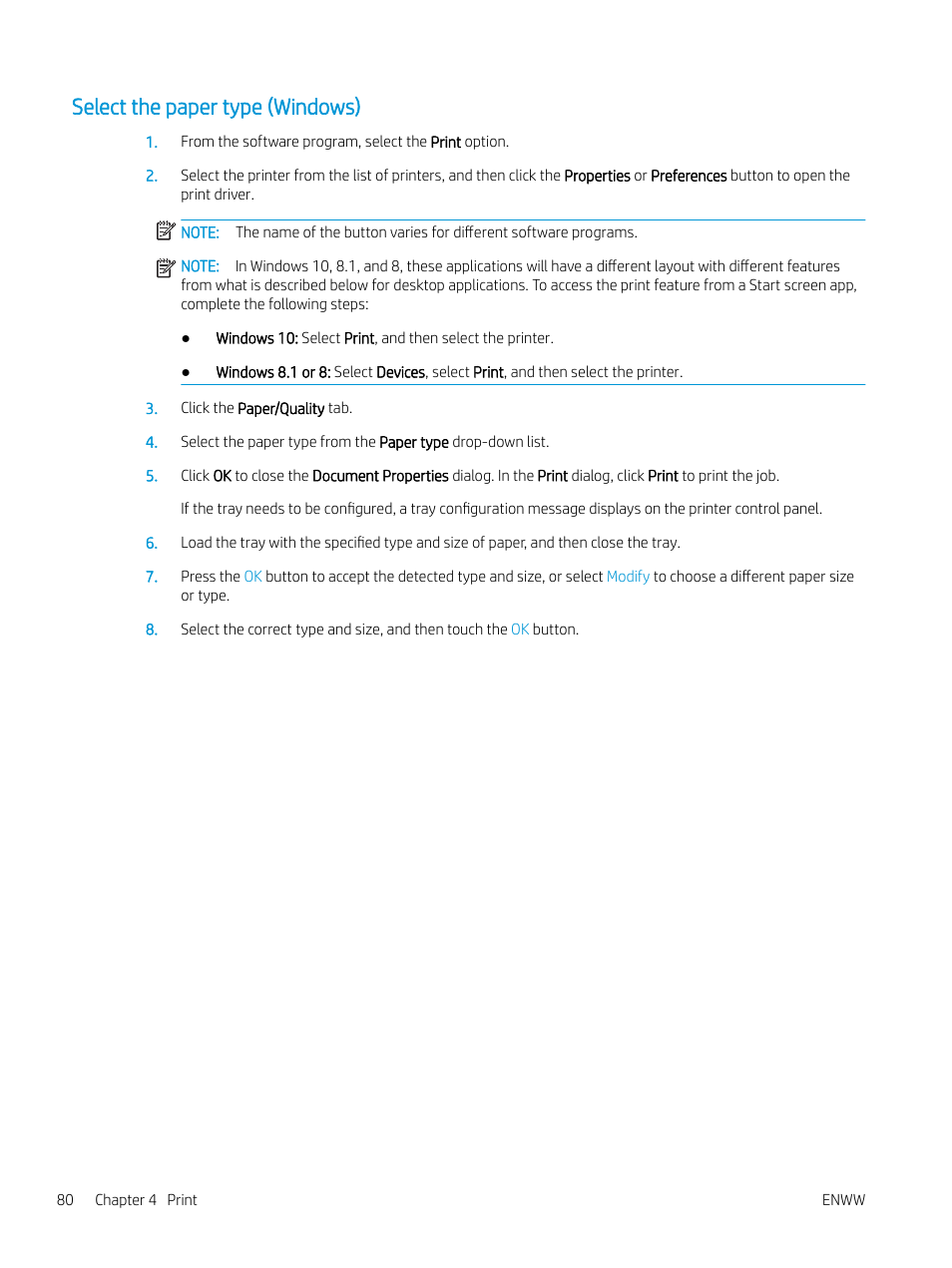 Select the paper type (windows) | HP Color LaserJet Enterprise M751n Laser Printer User Manual | Page 90 / 190