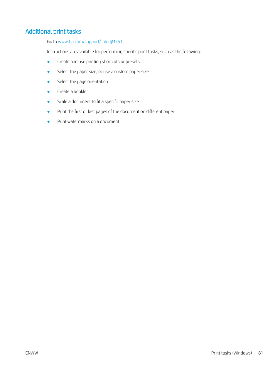 Additional print tasks | HP Color LaserJet Enterprise M751n Laser Printer User Manual | Page 91 / 190