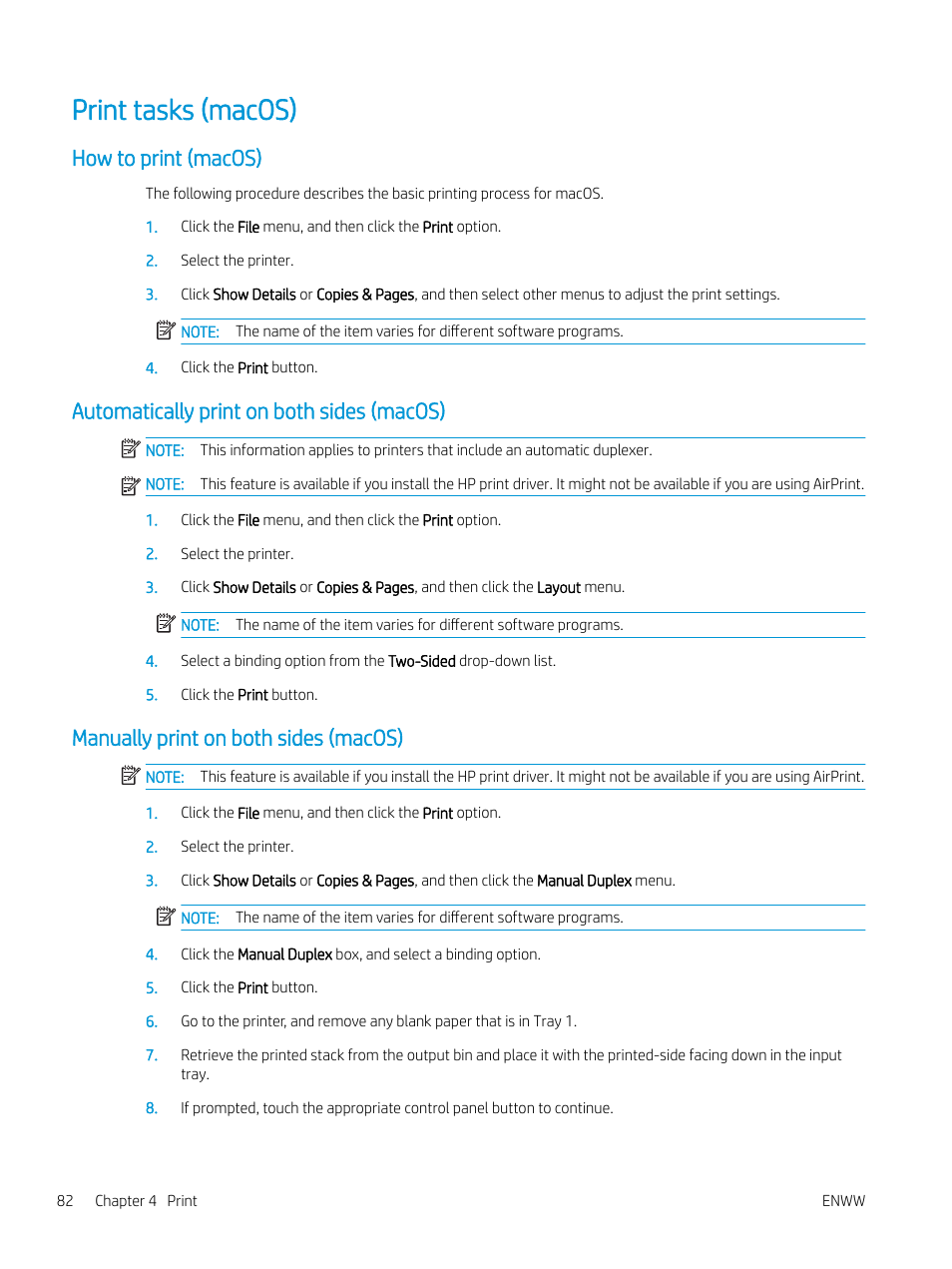 Print tasks (macos), How to print (macos), Automatically print on both sides (macos) | Manually print on both sides (macos) | HP Color LaserJet Enterprise M751n Laser Printer User Manual | Page 92 / 190