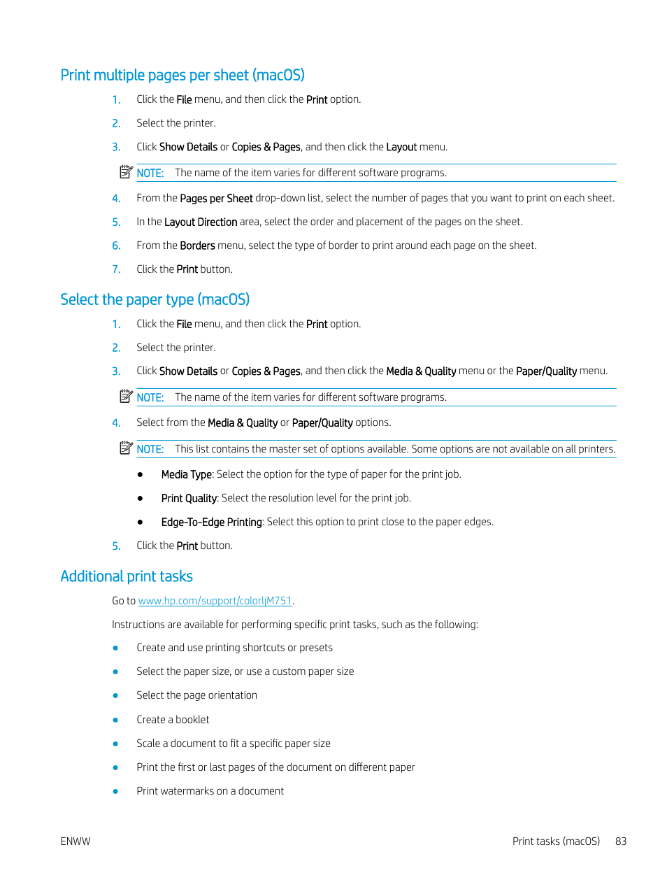 Select the paper type (macos), Additional print tasks, Print multiple pages per sheet (macos) | HP Color LaserJet Enterprise M751n Laser Printer User Manual | Page 93 / 190