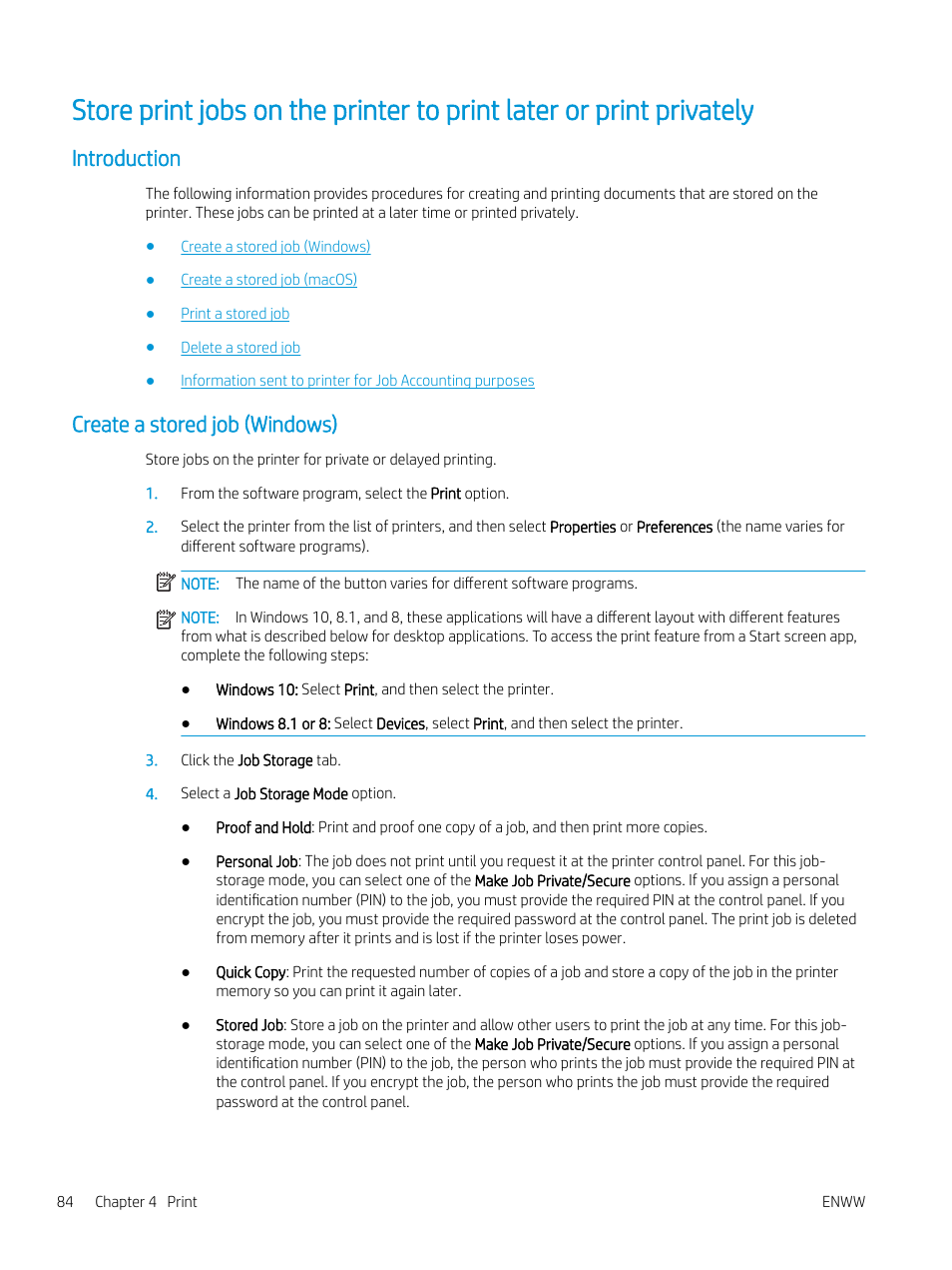 Introduction, Create a stored job (windows), Introduction create a stored job (windows) | HP Color LaserJet Enterprise M751n Laser Printer User Manual | Page 94 / 190