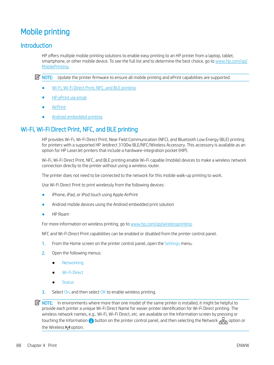 Mobile printing, Introduction, Wi-fi, wi-fi direct print, nfc, and ble printing | HP Color LaserJet Enterprise M751n Laser Printer User Manual | Page 98 / 190