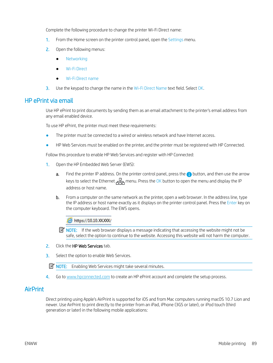 Hp eprint via email, Airprint, Hp eprint via email airprint | HP Color LaserJet Enterprise M751n Laser Printer User Manual | Page 99 / 190