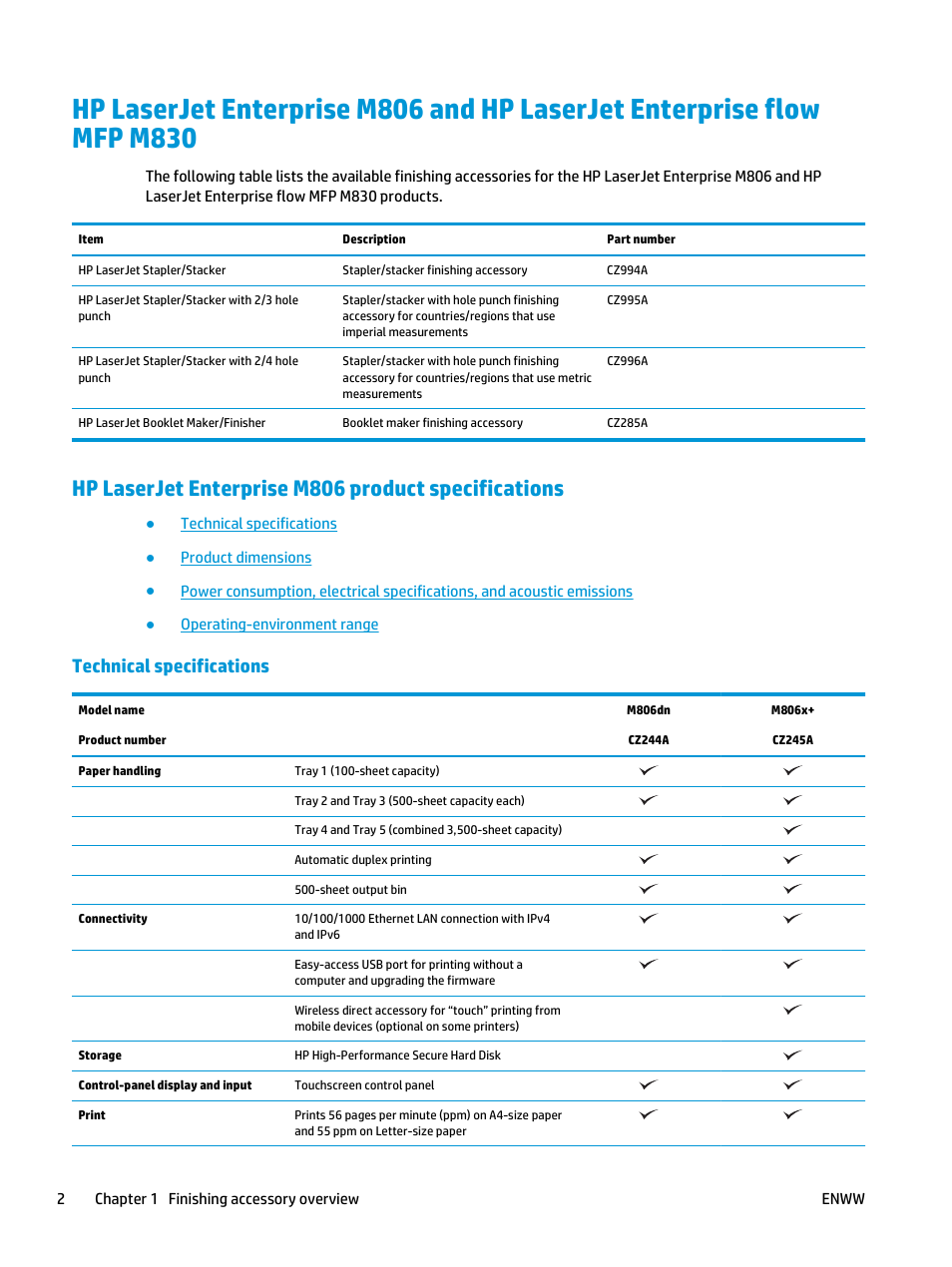 Hp laserjet enterprise m806 product specifications, Technical specifications | HP LaserJet Enterprise M806x+ Black and White Laser Printer User Manual | Page 10 / 162