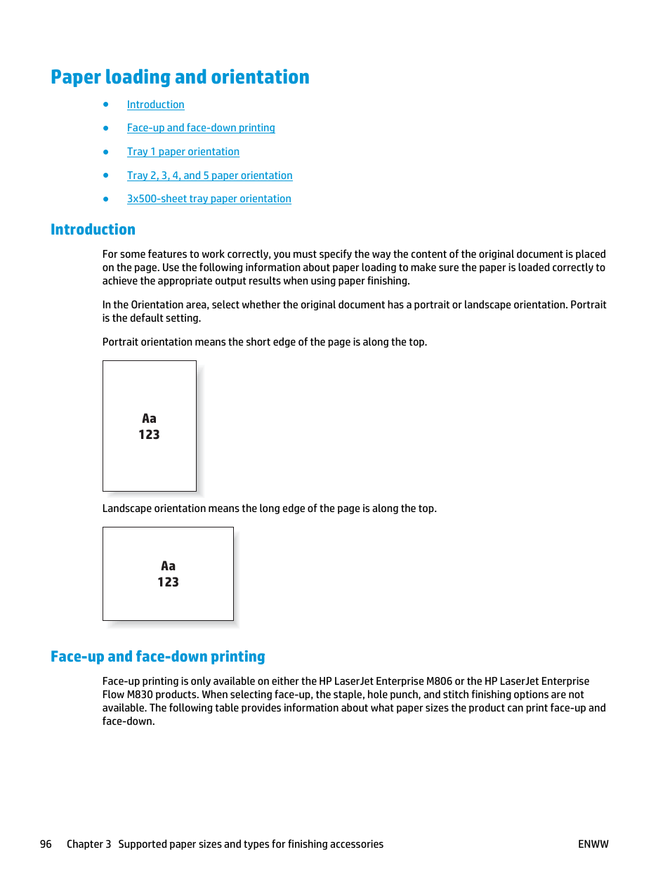 Paper loading and orientation, Introduction, Face-up and face-down printing | Introduction face-up and face-down printing | HP LaserJet Enterprise M806x+ Black and White Laser Printer User Manual | Page 104 / 162