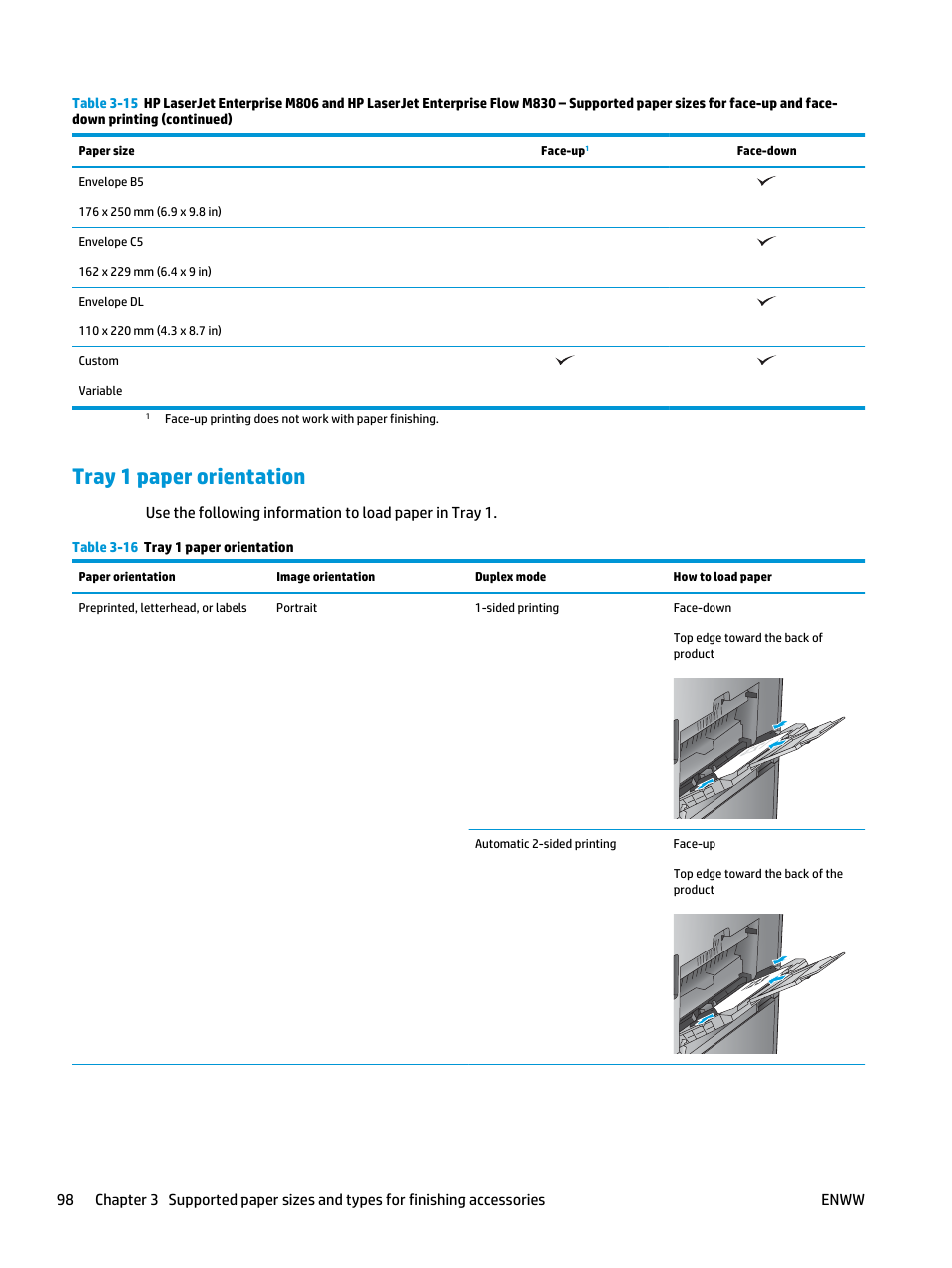 Tray 1 paper orientation | HP LaserJet Enterprise M806x+ Black and White Laser Printer User Manual | Page 106 / 162