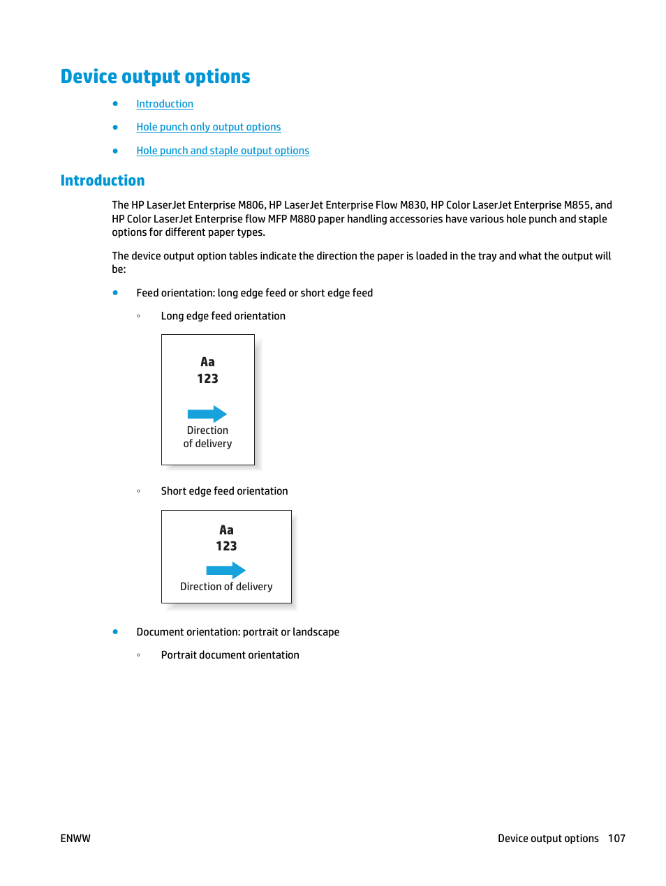 Device output options, Introduction | HP LaserJet Enterprise M806x+ Black and White Laser Printer User Manual | Page 115 / 162