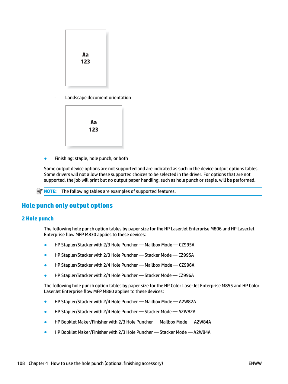 Hole punch only output options, 2 hole punch | HP LaserJet Enterprise M806x+ Black and White Laser Printer User Manual | Page 116 / 162