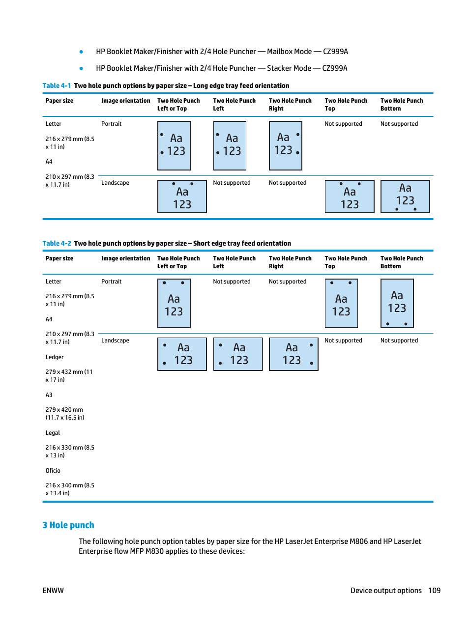 3 hole punch, Aa 123 | HP LaserJet Enterprise M806x+ Black and White Laser Printer User Manual | Page 117 / 162