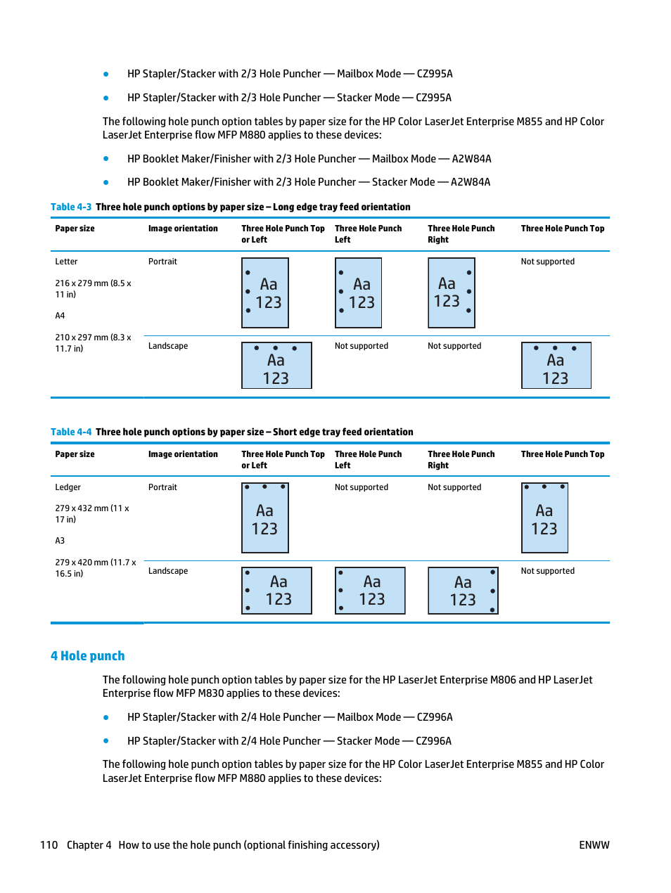 4 hole punch, Aa 123 | HP LaserJet Enterprise M806x+ Black and White Laser Printer User Manual | Page 118 / 162