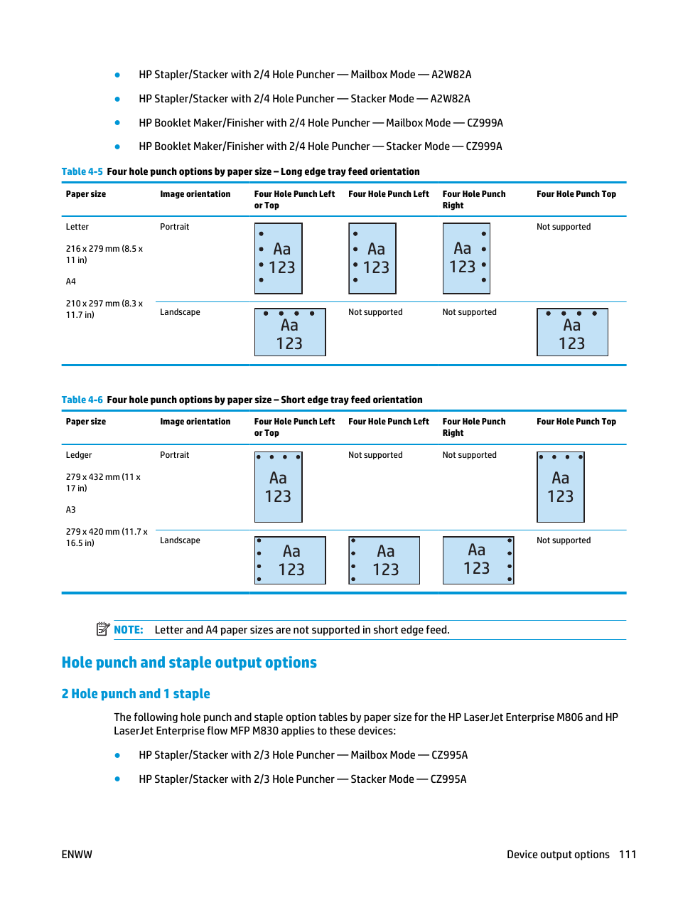 Hole punch and staple output options, 2 hole punch and 1 staple, Aa 123 | HP LaserJet Enterprise M806x+ Black and White Laser Printer User Manual | Page 119 / 162