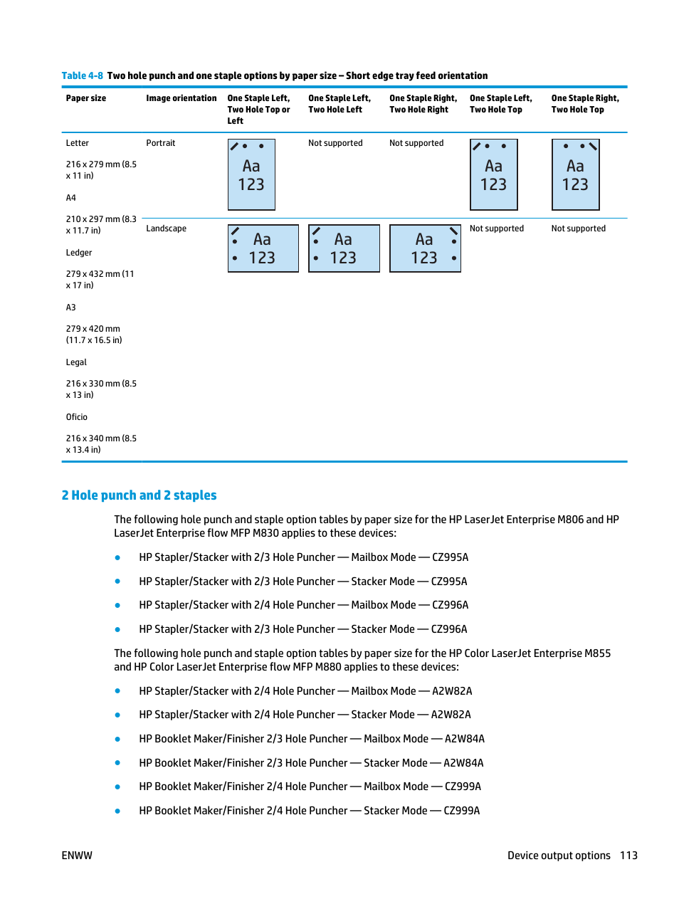 2 hole punch and 2 staples, Aa 123 | HP LaserJet Enterprise M806x+ Black and White Laser Printer User Manual | Page 121 / 162