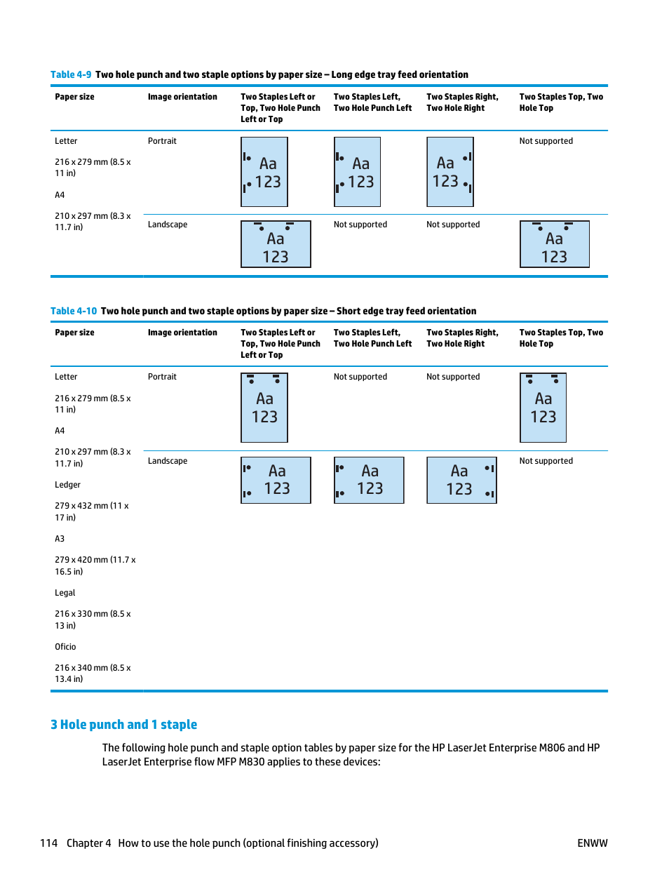 3 hole punch and 1 staple, Aa 123 | HP LaserJet Enterprise M806x+ Black and White Laser Printer User Manual | Page 122 / 162