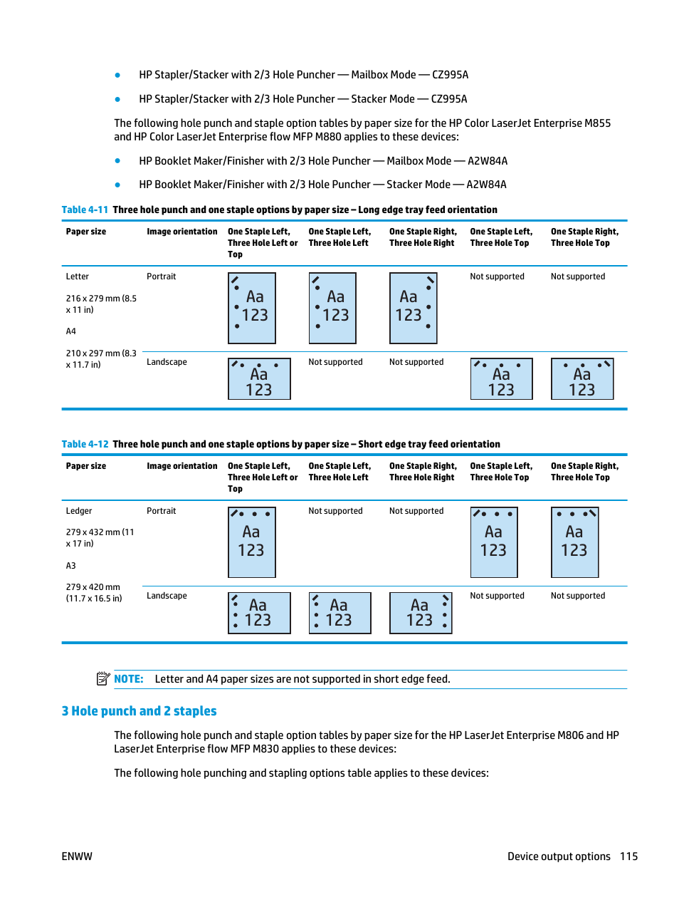 3 hole punch and 2 staples, Aa 123 | HP LaserJet Enterprise M806x+ Black and White Laser Printer User Manual | Page 123 / 162