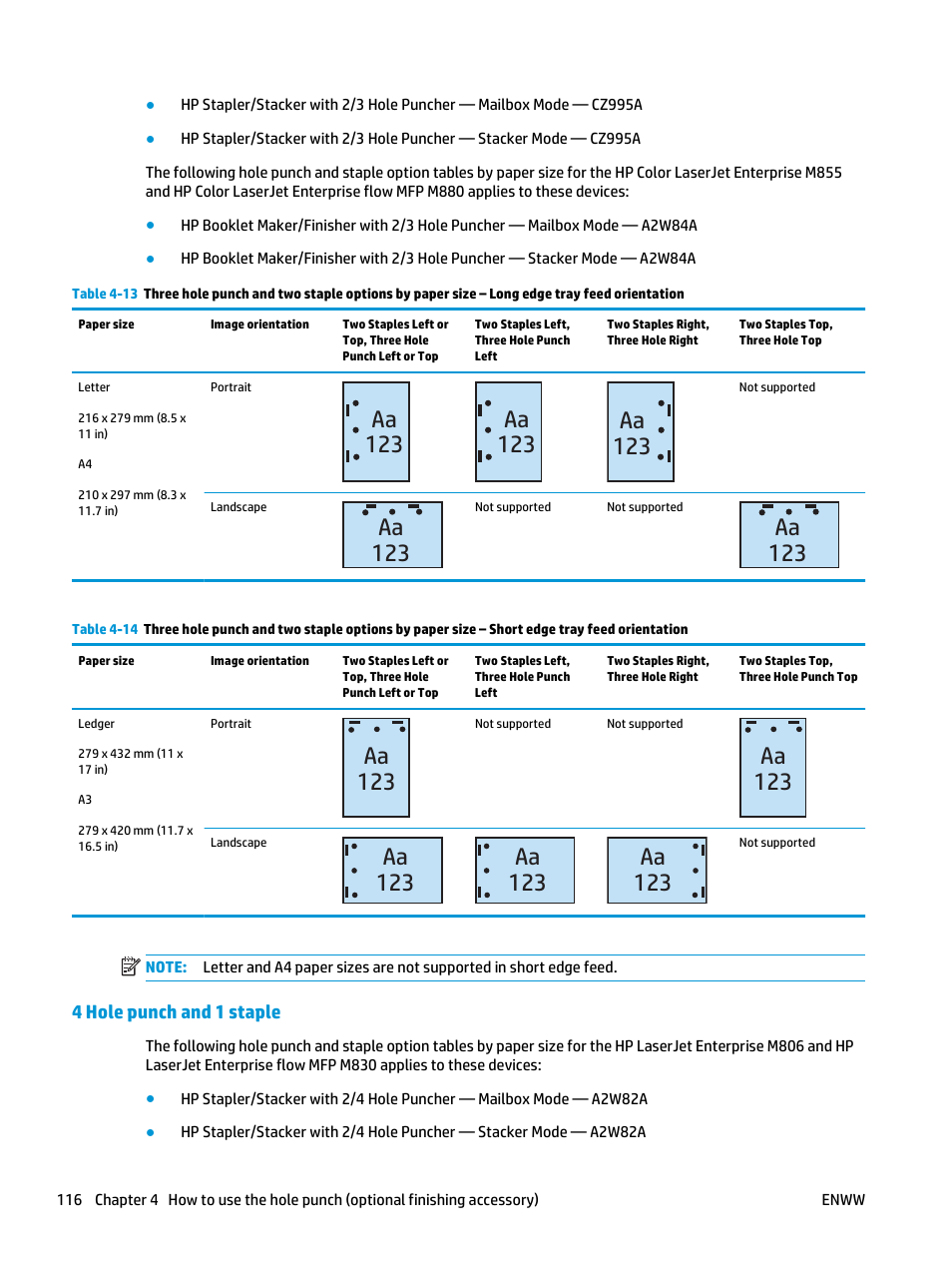 4 hole punch and 1 staple, Aa 123 | HP LaserJet Enterprise M806x+ Black and White Laser Printer User Manual | Page 124 / 162