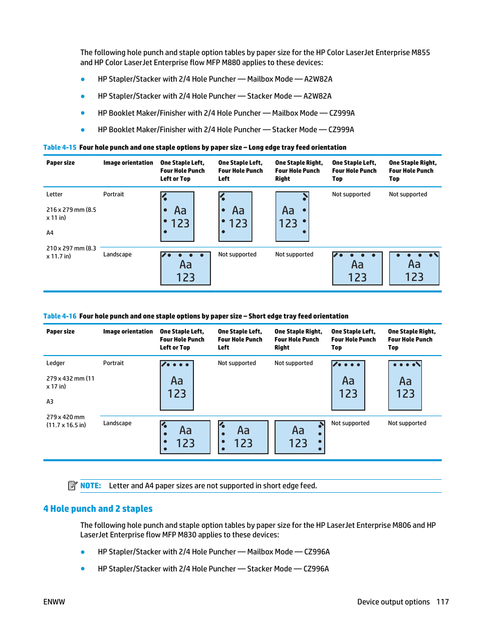 4 hole punch and 2 staples, Aa 123 | HP LaserJet Enterprise M806x+ Black and White Laser Printer User Manual | Page 125 / 162