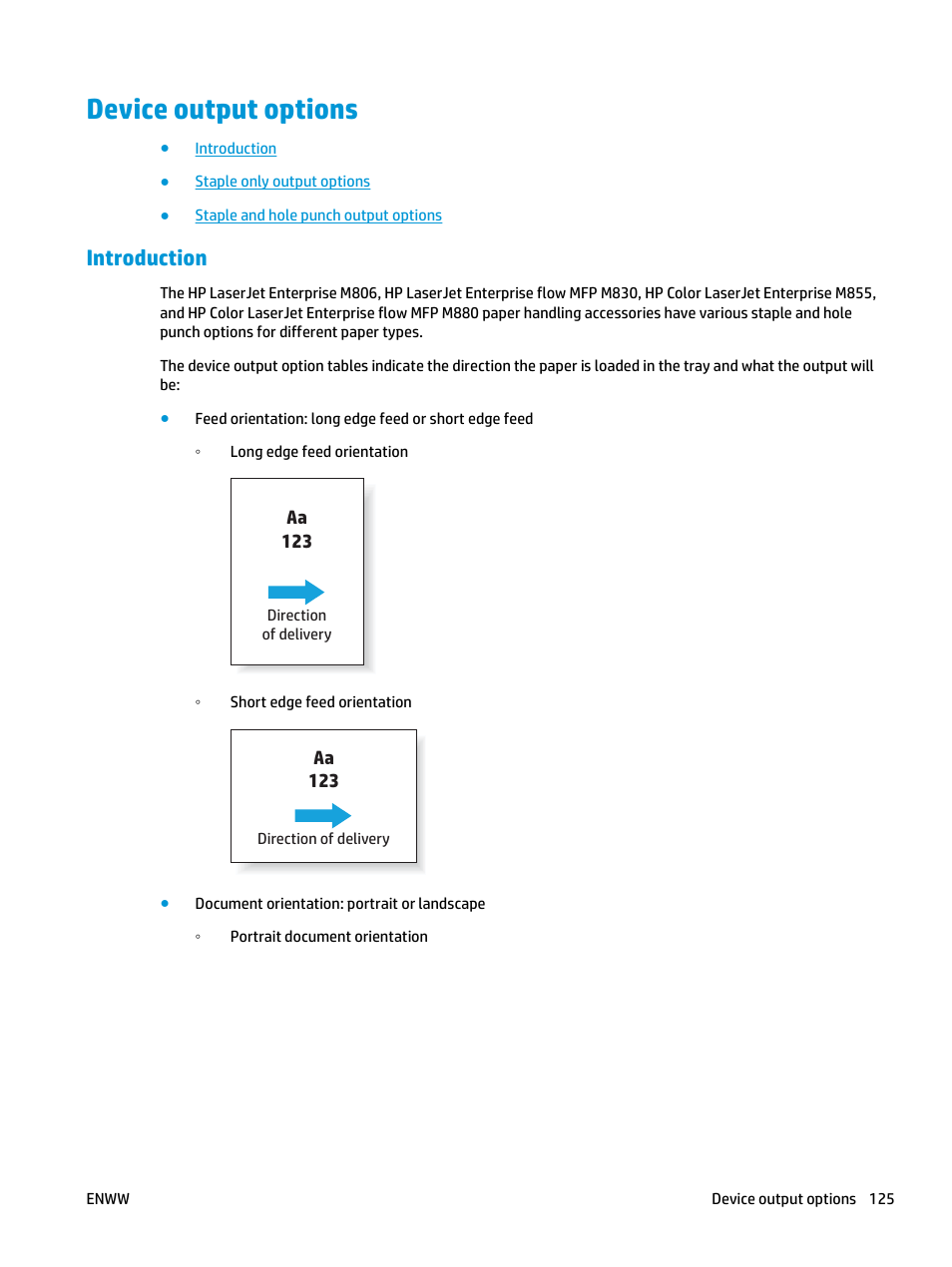 Device output options, Introduction | HP LaserJet Enterprise M806x+ Black and White Laser Printer User Manual | Page 133 / 162