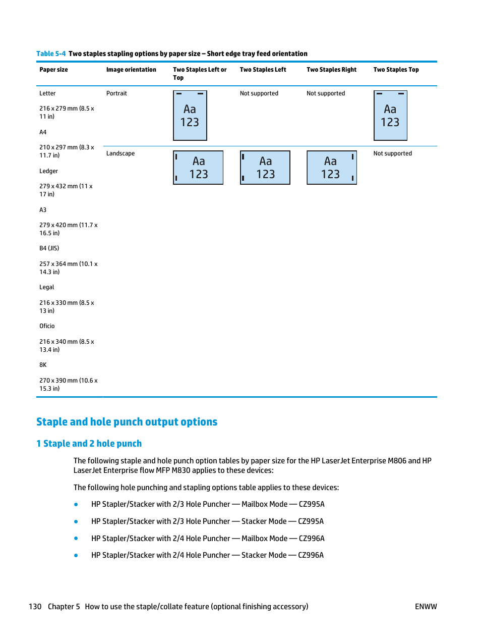 Staple and hole punch output options, 1 staple and 2 hole punch, Aa 123 | HP LaserJet Enterprise M806x+ Black and White Laser Printer User Manual | Page 138 / 162