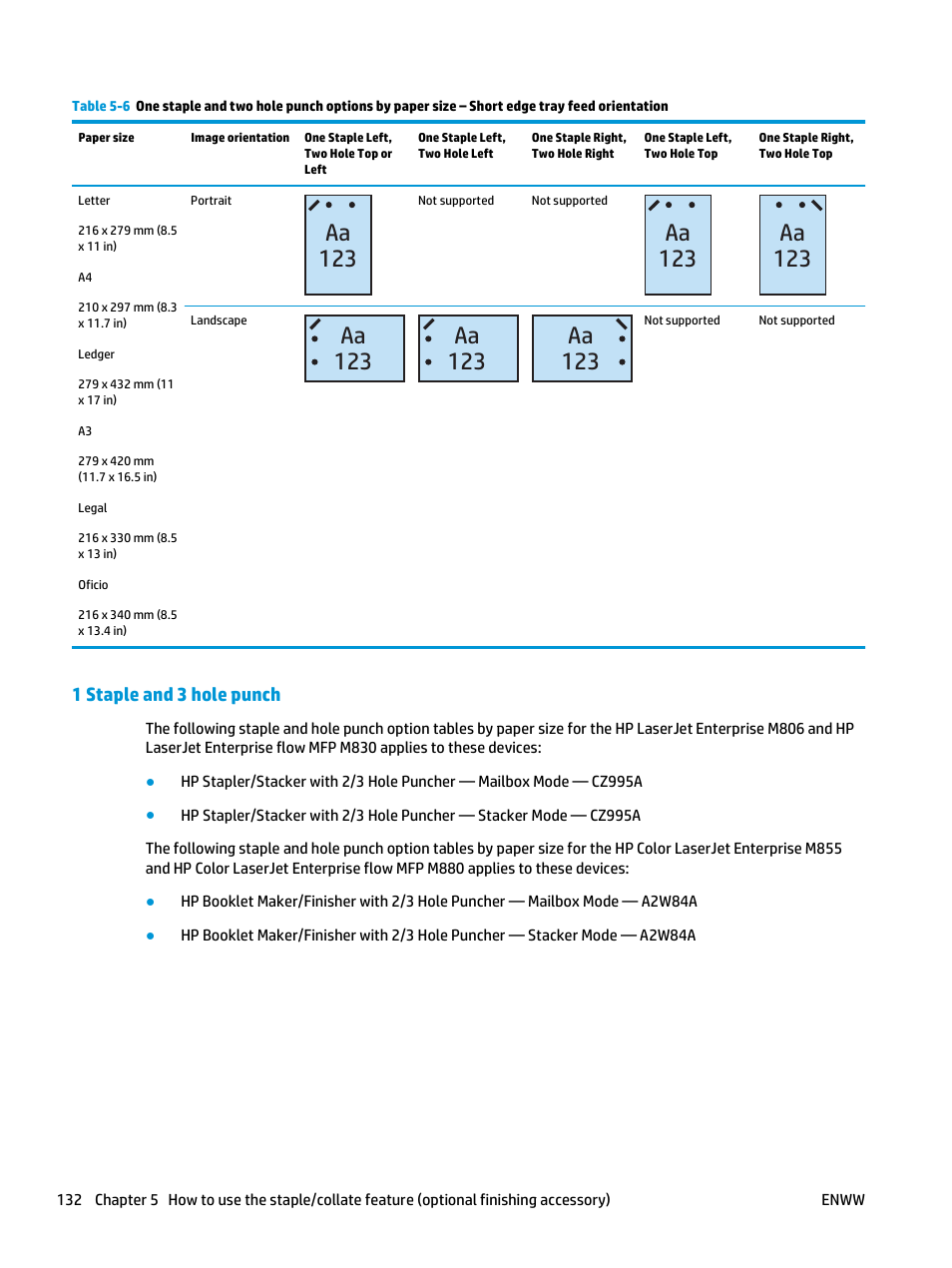 1 staple and 3 hole punch, Aa 123 | HP LaserJet Enterprise M806x+ Black and White Laser Printer User Manual | Page 140 / 162