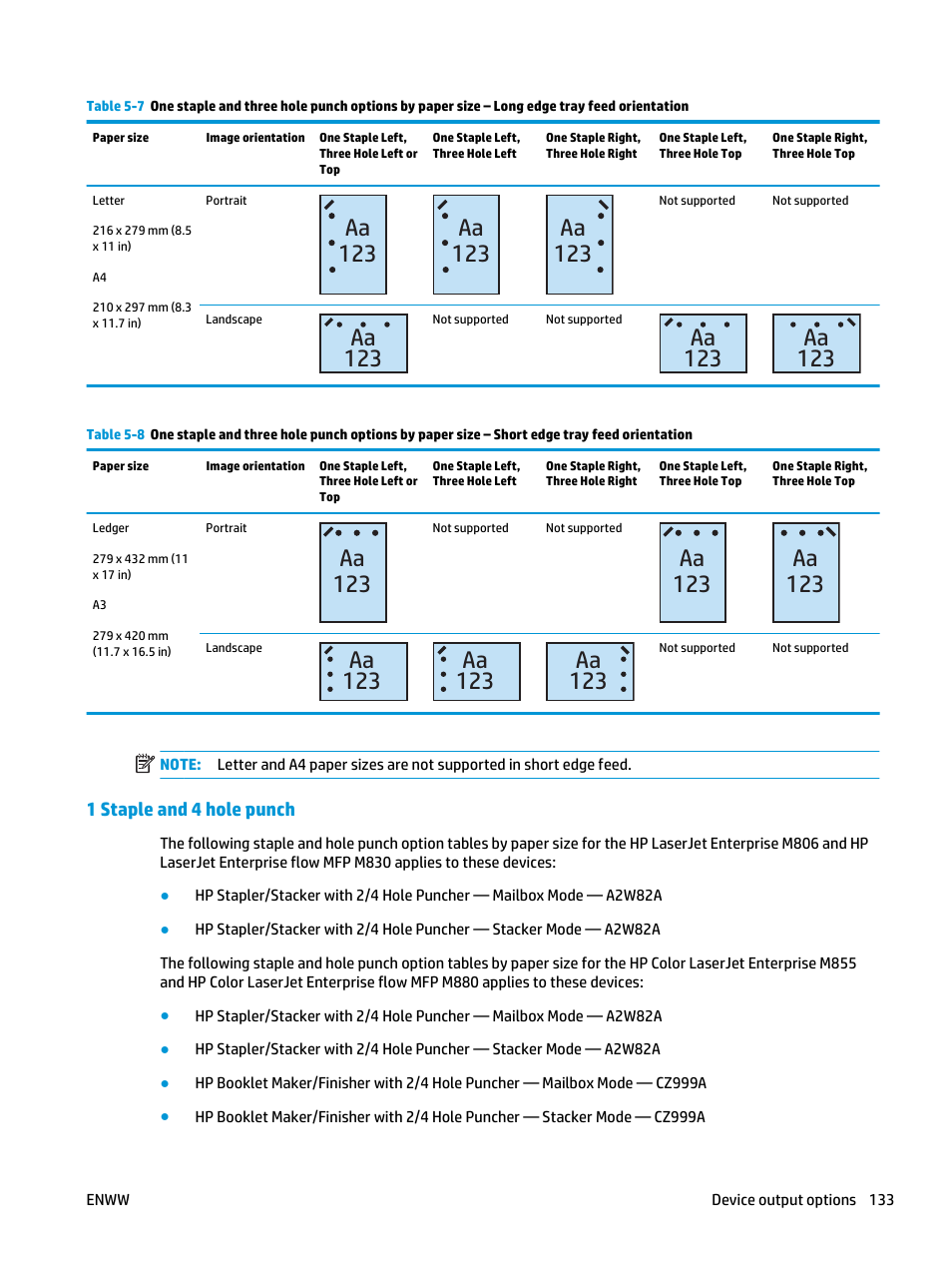 1 staple and 4 hole punch, Aa 123 | HP LaserJet Enterprise M806x+ Black and White Laser Printer User Manual | Page 141 / 162