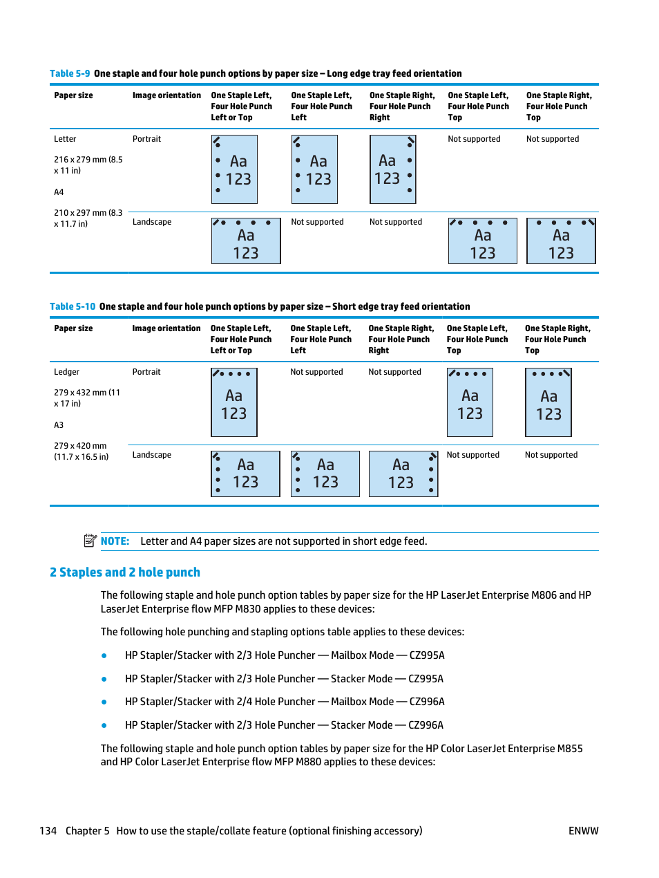 2 staples and 2 hole punch, Aa 123 | HP LaserJet Enterprise M806x+ Black and White Laser Printer User Manual | Page 142 / 162