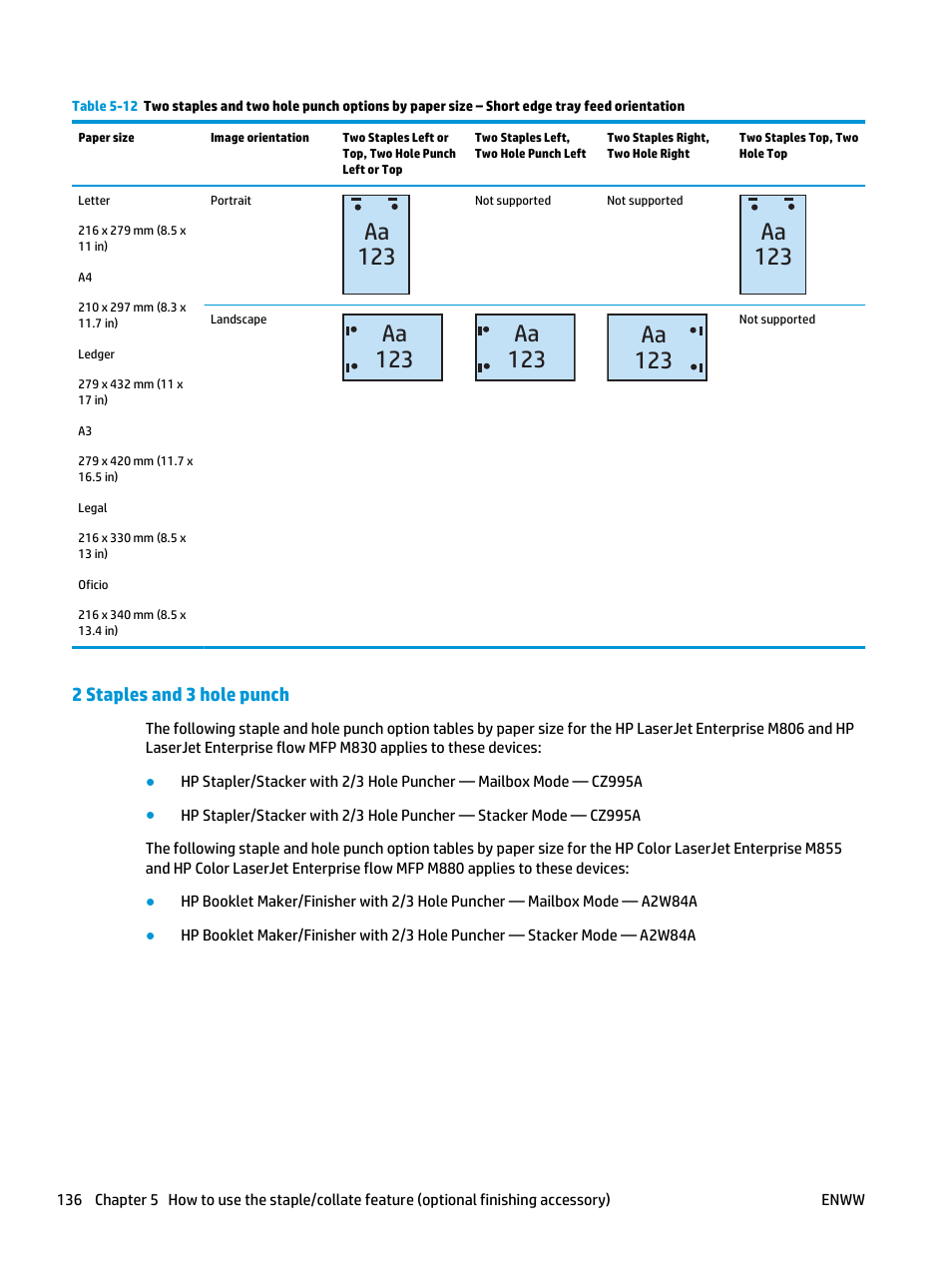 2 staples and 3 hole punch, Aa 123 | HP LaserJet Enterprise M806x+ Black and White Laser Printer User Manual | Page 144 / 162