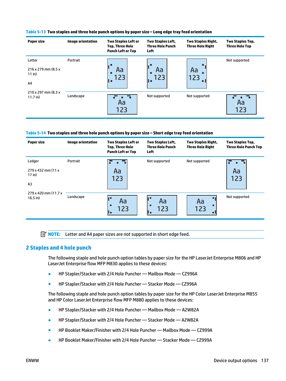 2 staples and 4 hole punch, Aa 123 | HP LaserJet Enterprise M806x+ Black and White Laser Printer User Manual | Page 145 / 162