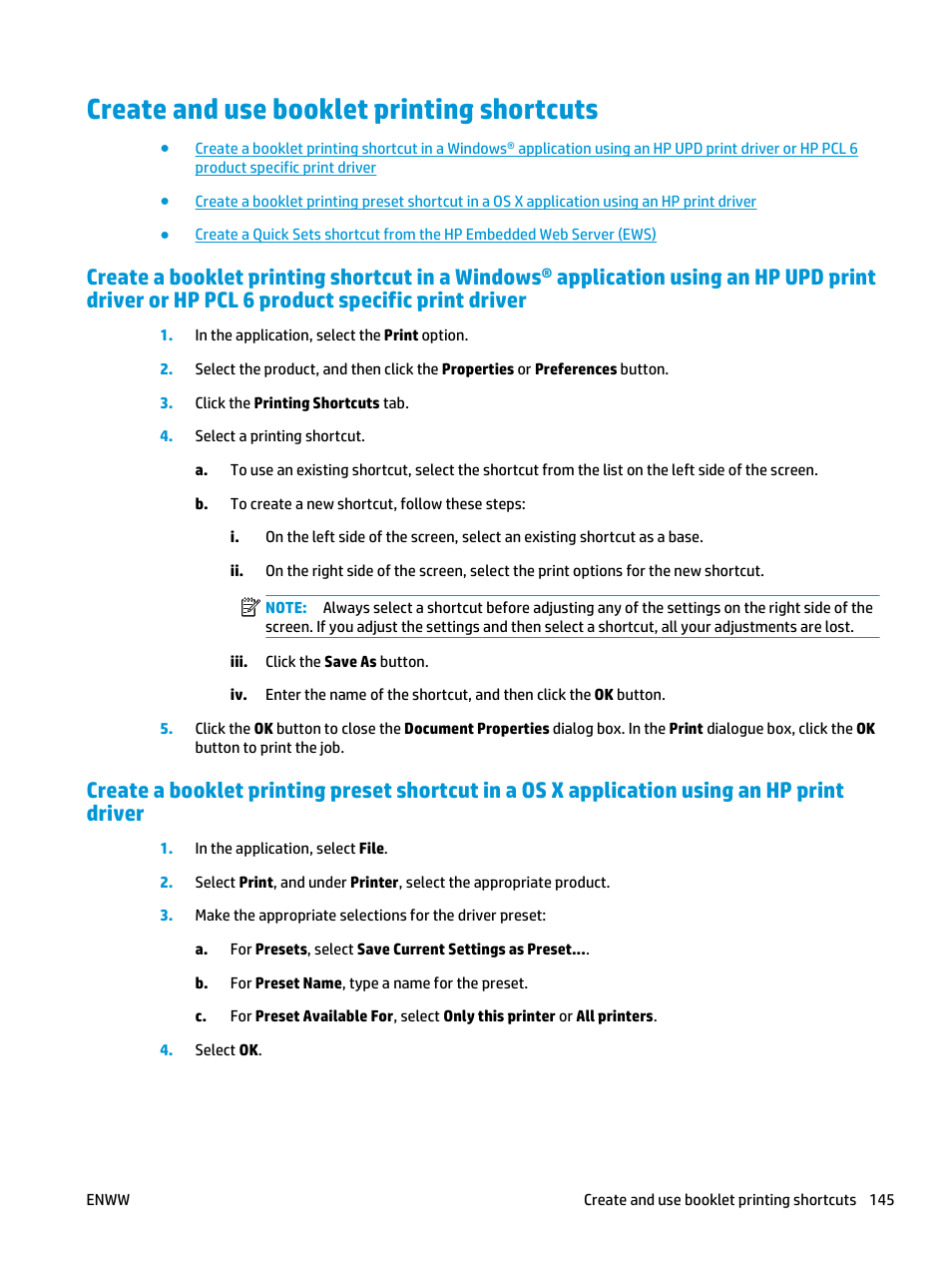 Create and use booklet printing shortcuts | HP LaserJet Enterprise M806x+ Black and White Laser Printer User Manual | Page 153 / 162