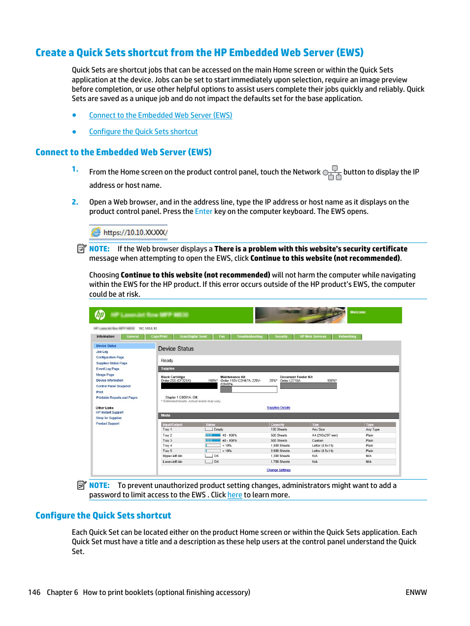 Connect to the embedded web server (ews), Configure the quick sets shortcut | HP LaserJet Enterprise M806x+ Black and White Laser Printer User Manual | Page 154 / 162