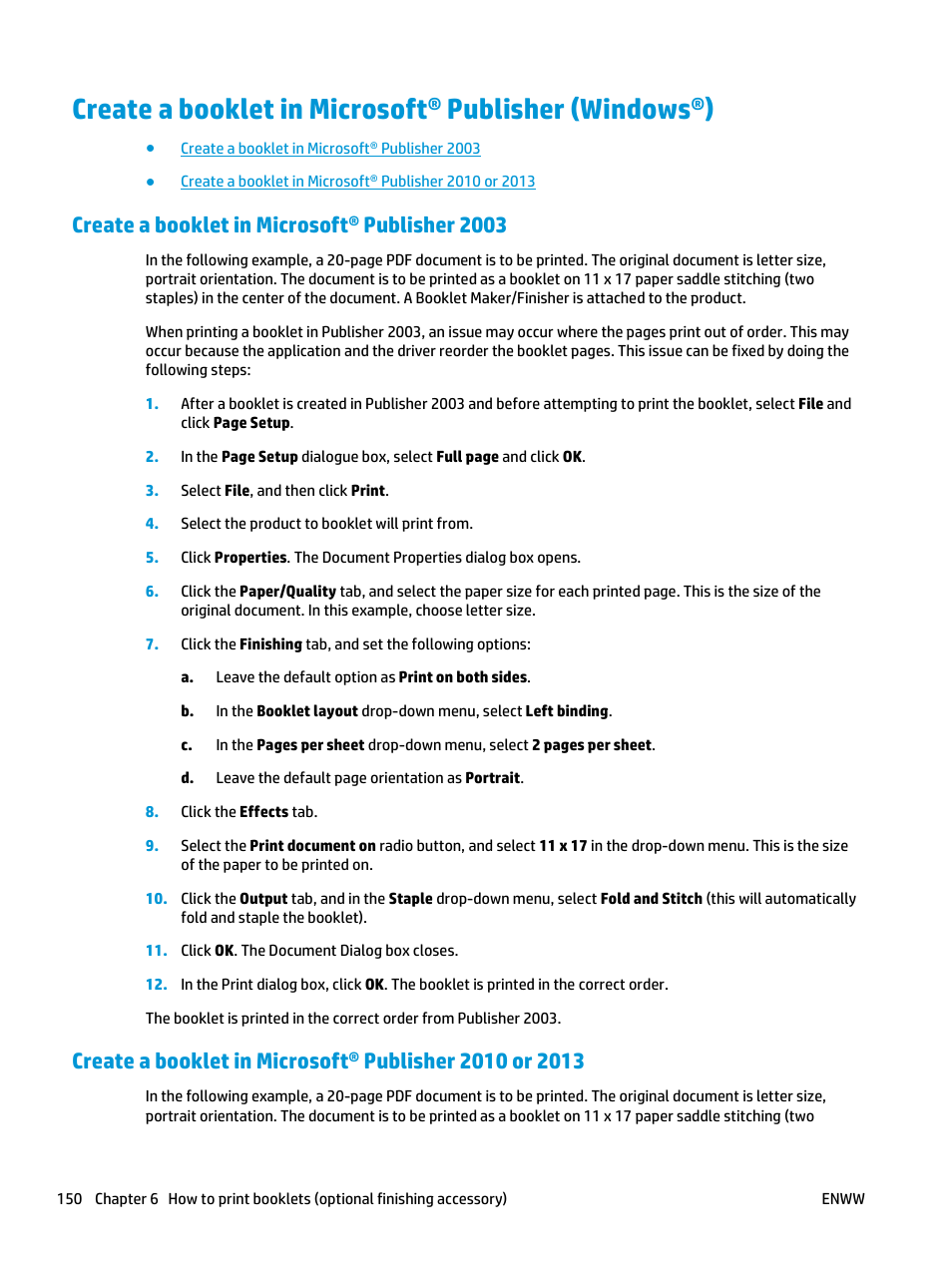 Create a booklet in microsoft® publisher 2003 | HP LaserJet Enterprise M806x+ Black and White Laser Printer User Manual | Page 158 / 162