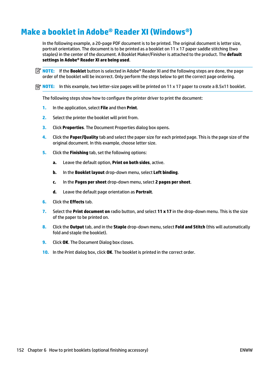 Make a booklet in adobe® reader xi (windows®) | HP LaserJet Enterprise M806x+ Black and White Laser Printer User Manual | Page 160 / 162