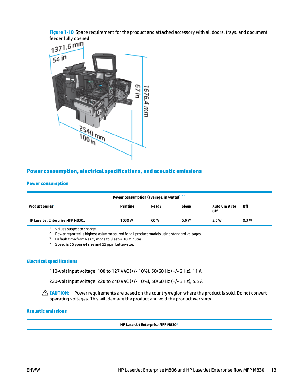 Power consumption, Electrical specifications, Acoustic emissions | HP LaserJet Enterprise M806x+ Black and White Laser Printer User Manual | Page 21 / 162