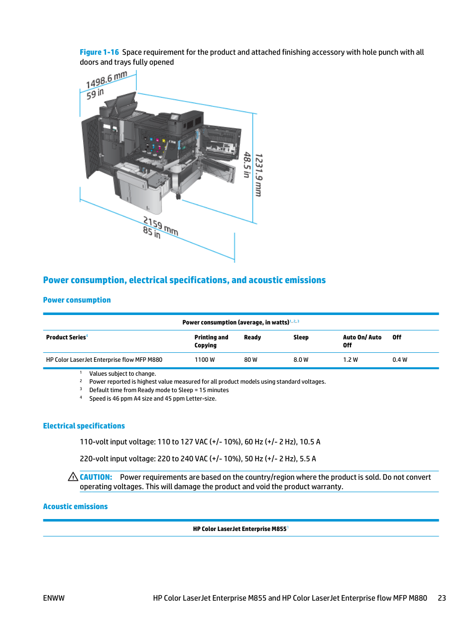 Power consumption, Electrical specifications, Acoustic emissions | HP LaserJet Enterprise M806x+ Black and White Laser Printer User Manual | Page 31 / 162