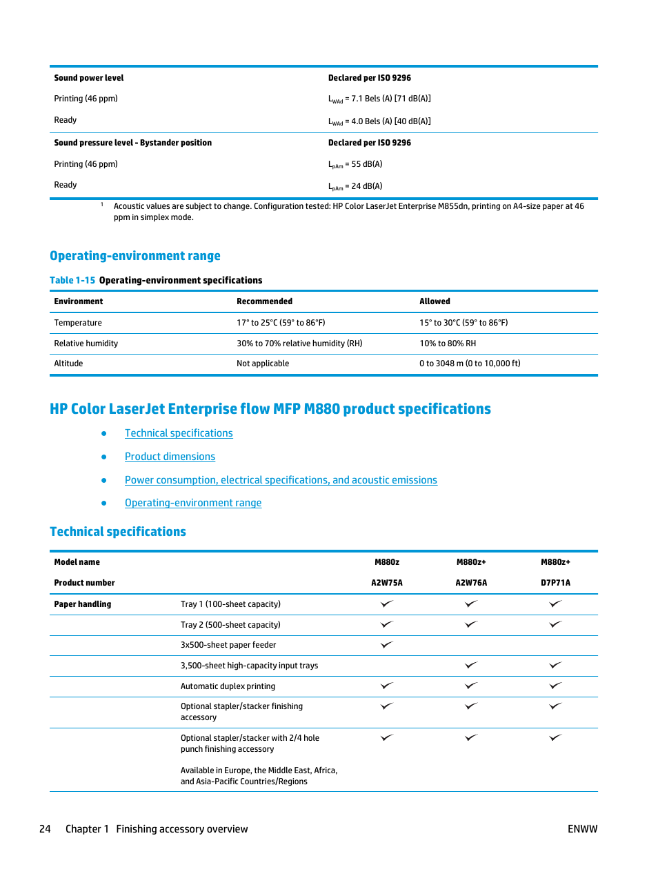 Operating-environment range, Technical specifications | HP LaserJet Enterprise M806x+ Black and White Laser Printer User Manual | Page 32 / 162