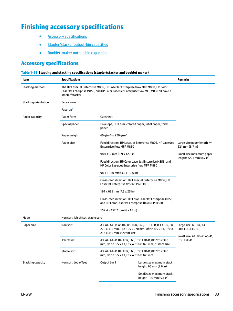 Finishing accessory specifications, Accessory specifications | HP LaserJet Enterprise M806x+ Black and White Laser Printer User Manual | Page 41 / 162