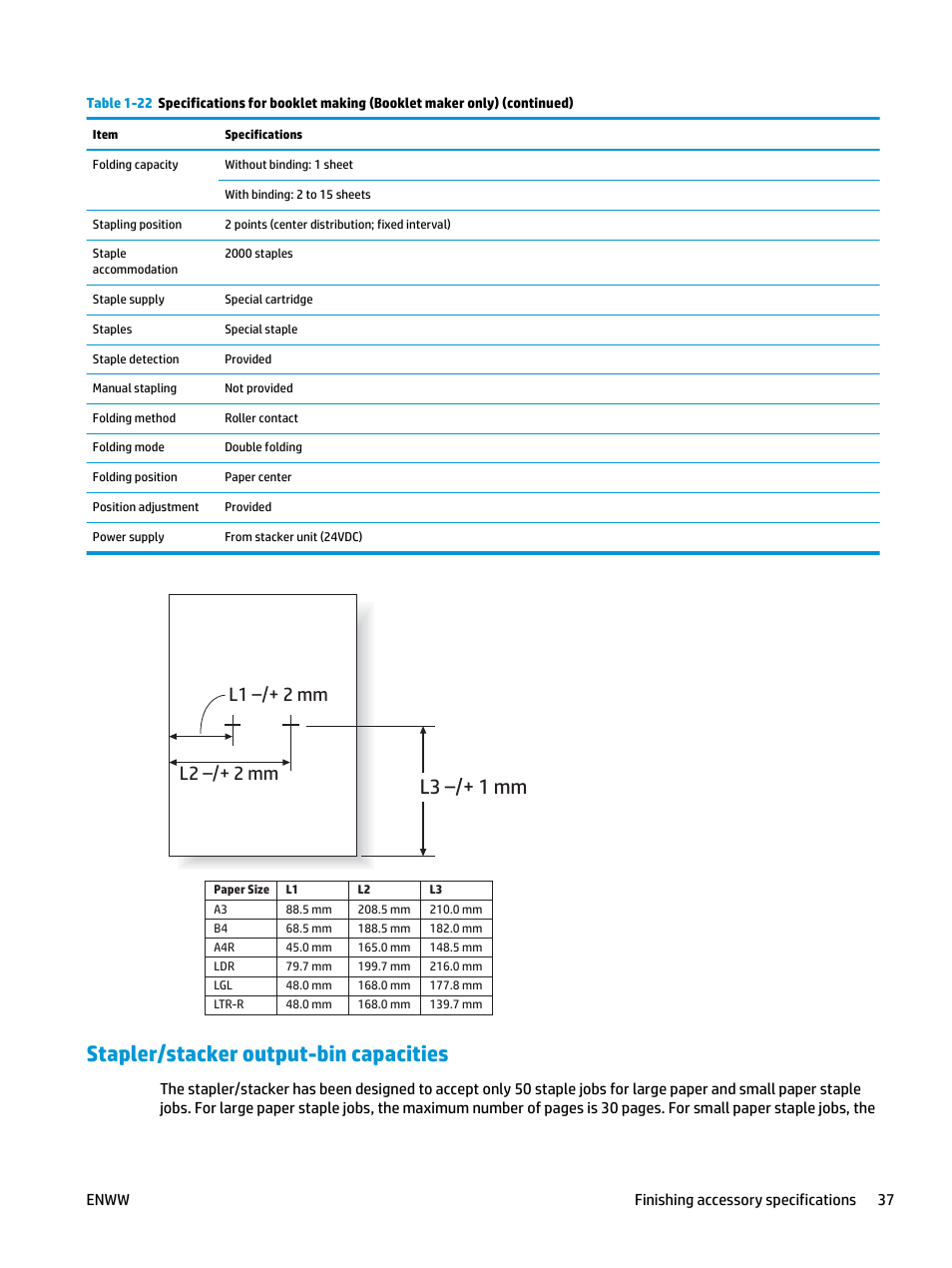 Stapler/stacker output-bin capacities, L3 –/+ 1 mm, L2 –/+ 2 mm l1 –/+ 2 mm | HP LaserJet Enterprise M806x+ Black and White Laser Printer User Manual | Page 45 / 162