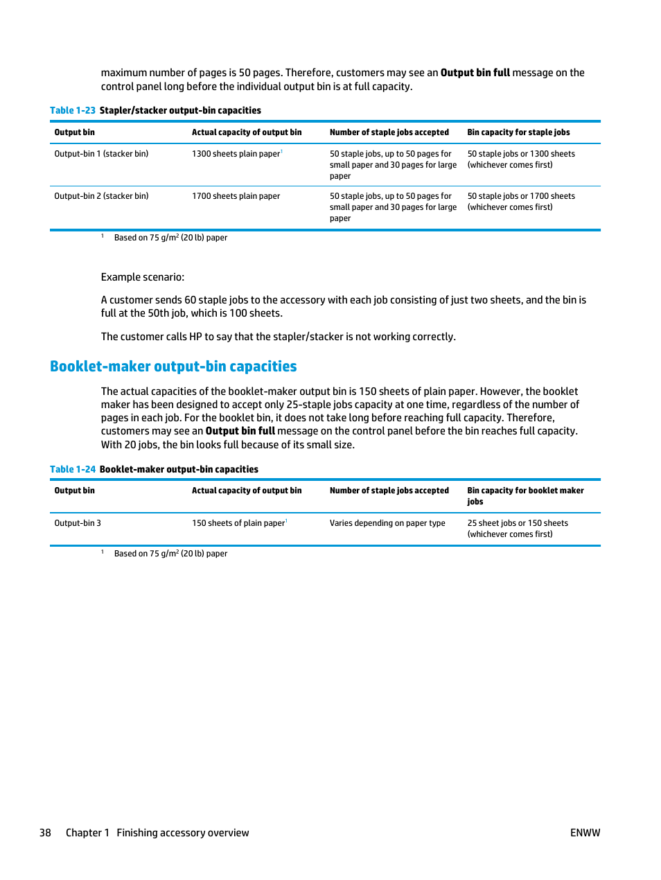 Booklet-maker output-bin capacities | HP LaserJet Enterprise M806x+ Black and White Laser Printer User Manual | Page 46 / 162